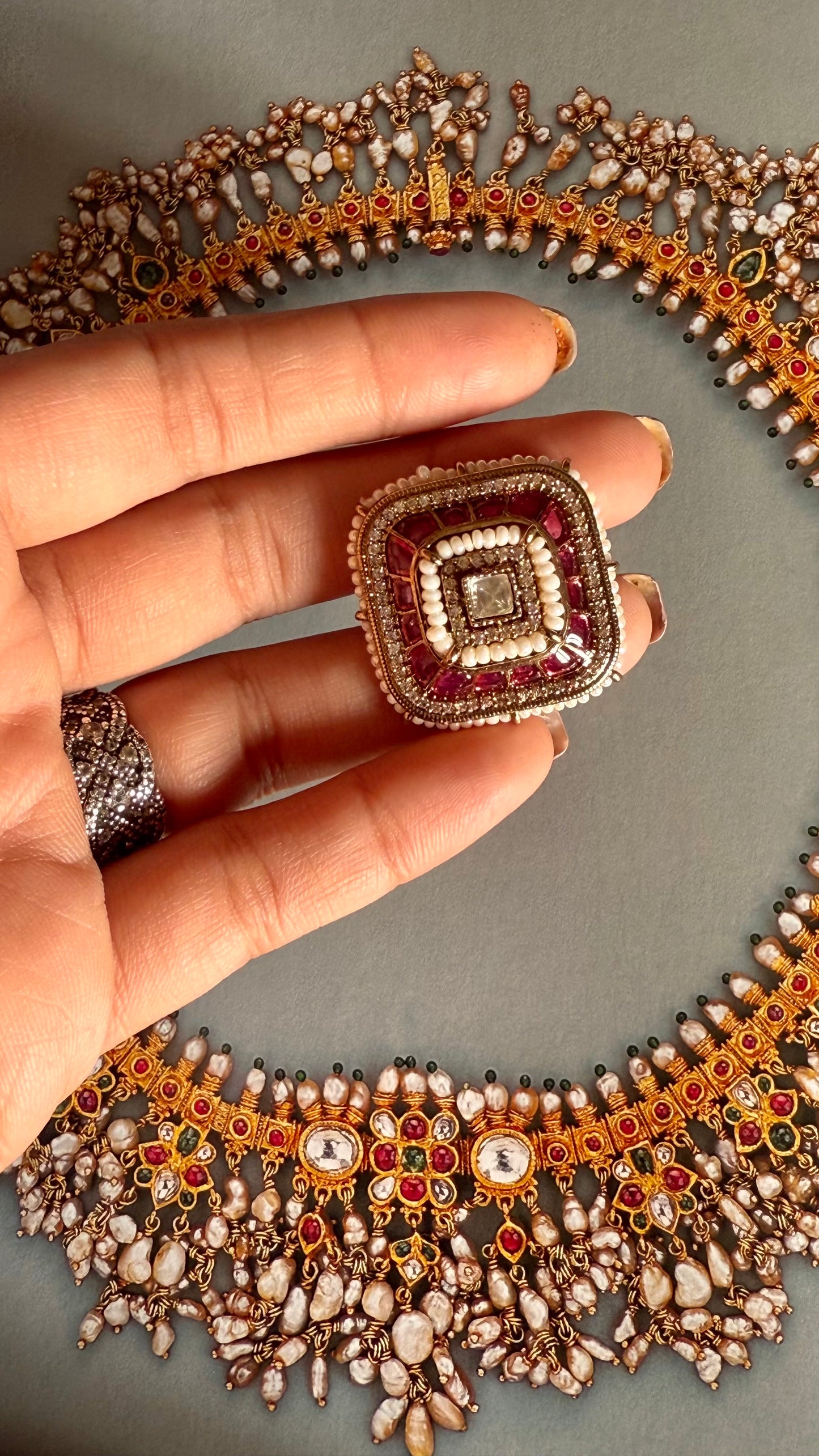 Rani pink katdana white pearl adjustable ring