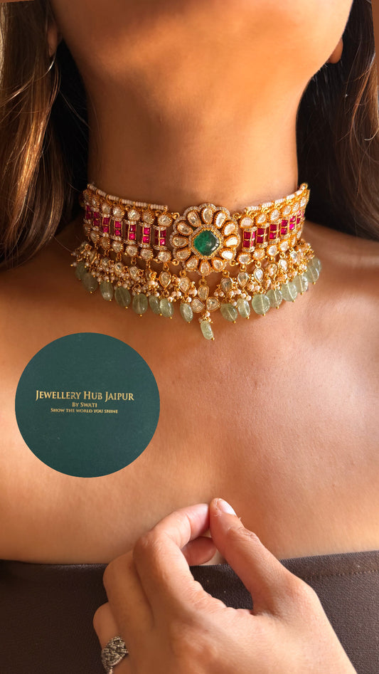 Real Moissanite statement Emerald & Rani pink katdana work choker