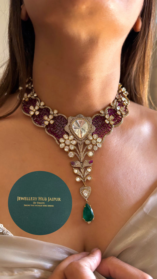Vaidayi Designer uncut polki ruby moissanite collar necklace