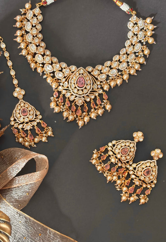 Rose quartz doublets & Moissanite polki Necklace with maangtika