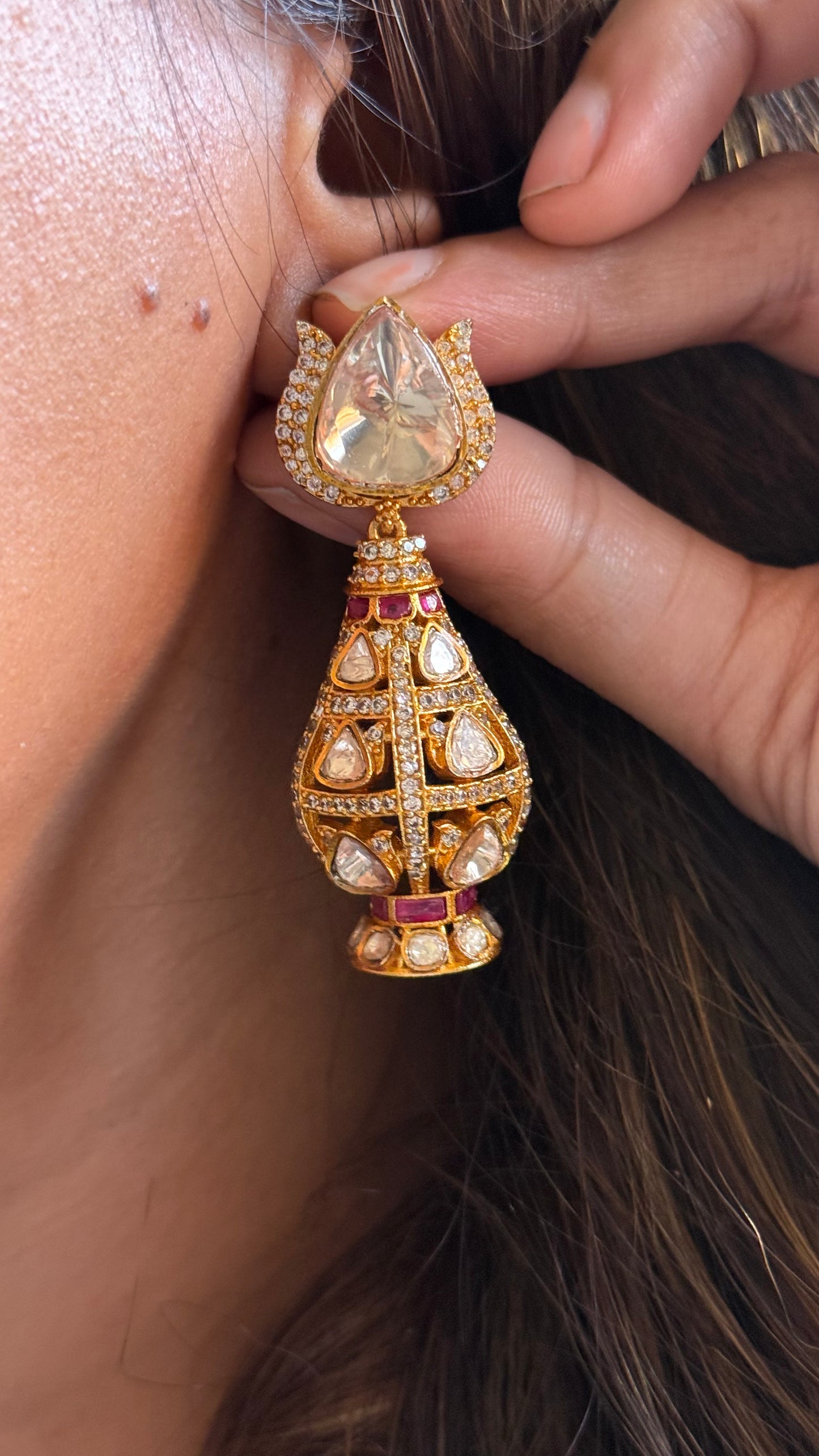 Lotus inspired, real diamond polki kalash Danglers with Ruby  destailing