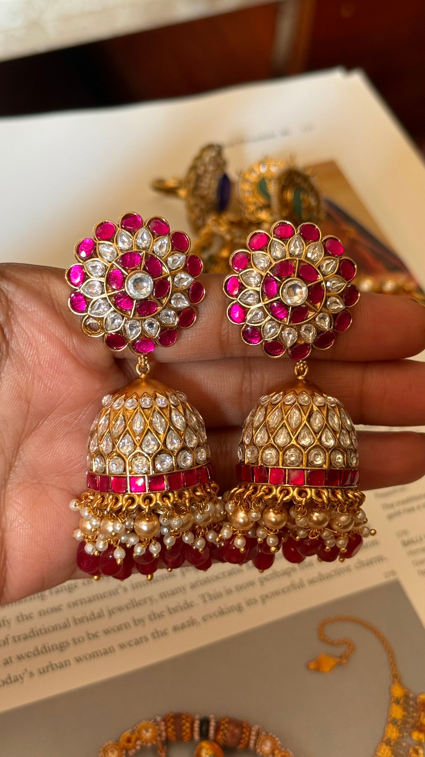 Rani pink floral Paachi  Kundan jhumki