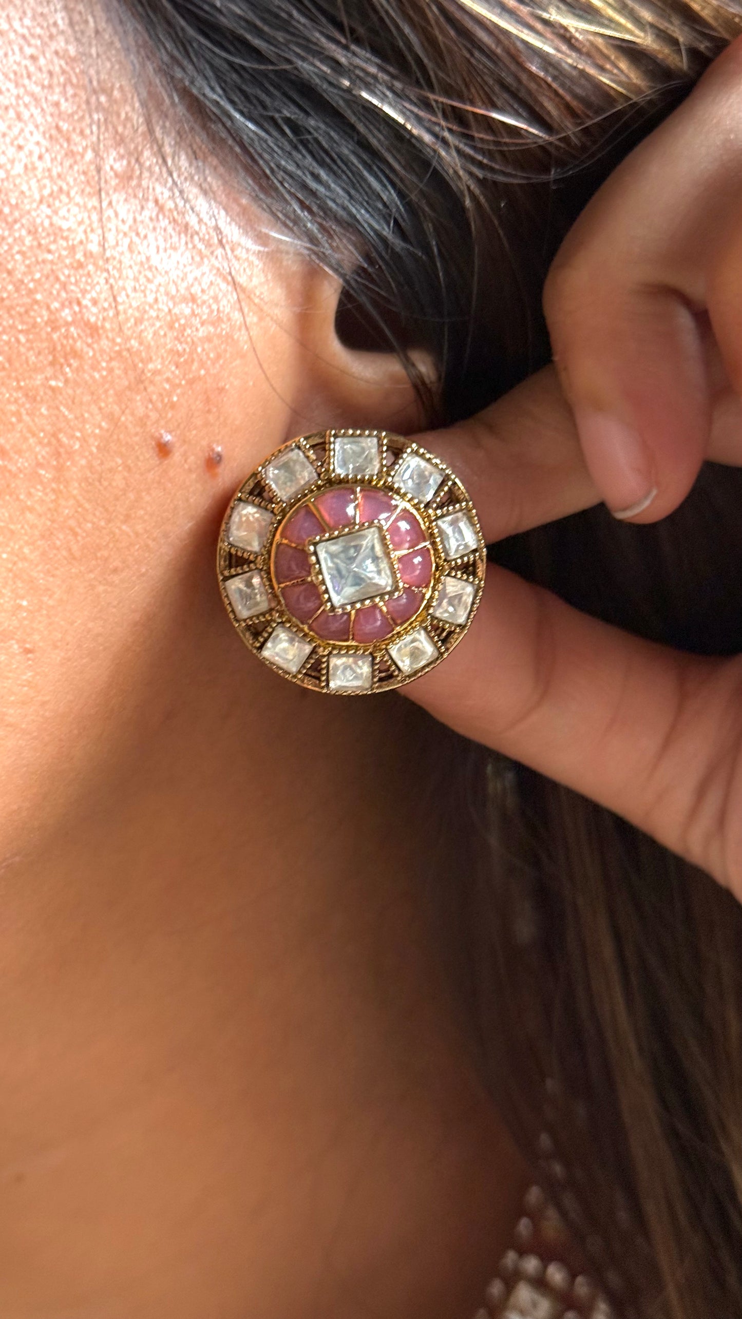 Pink meenakari moissanite polki  rajwadi Aad