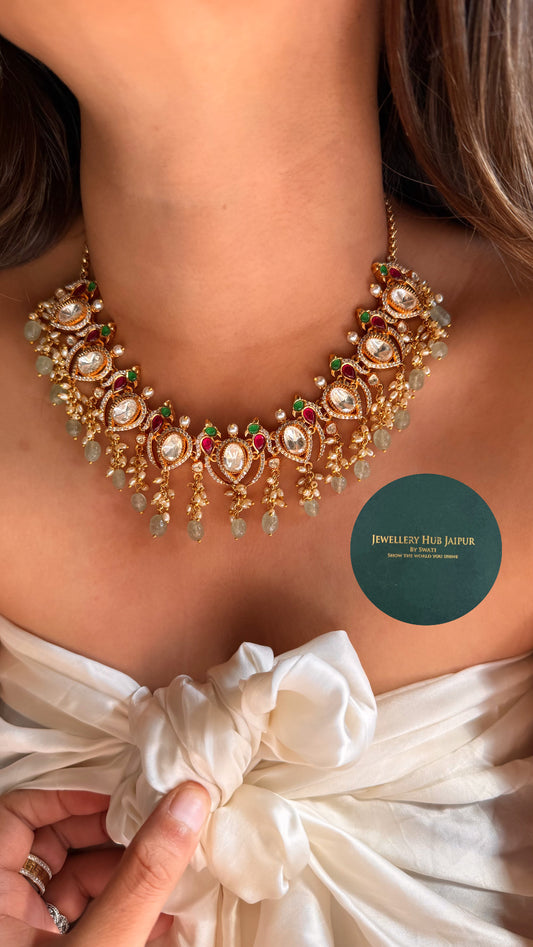 Real moissanite panna & rani pink ruby peacock inspired necklace with strawberry drops