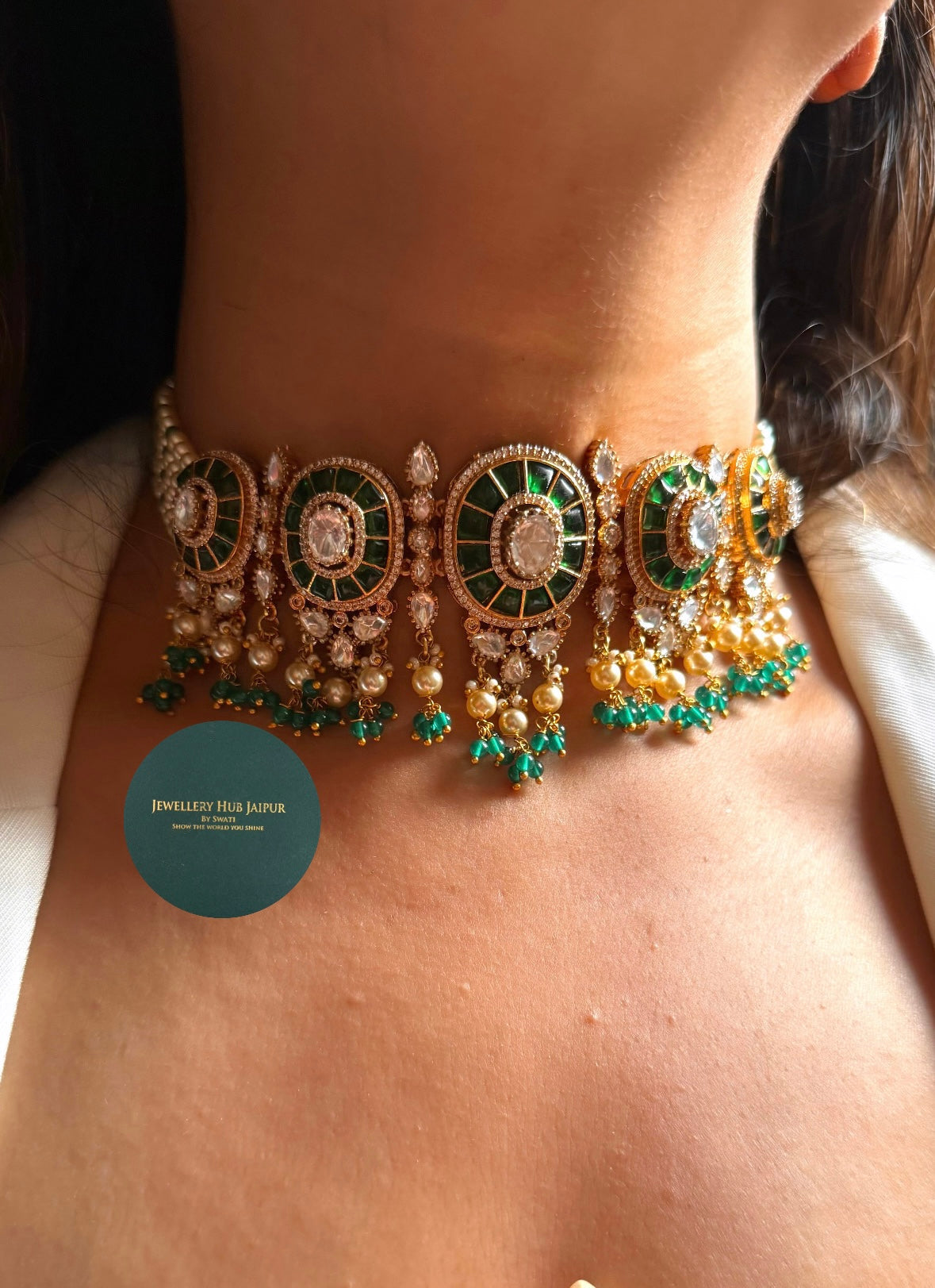 Emerald katdana moissanite polki bridal combo Necklace