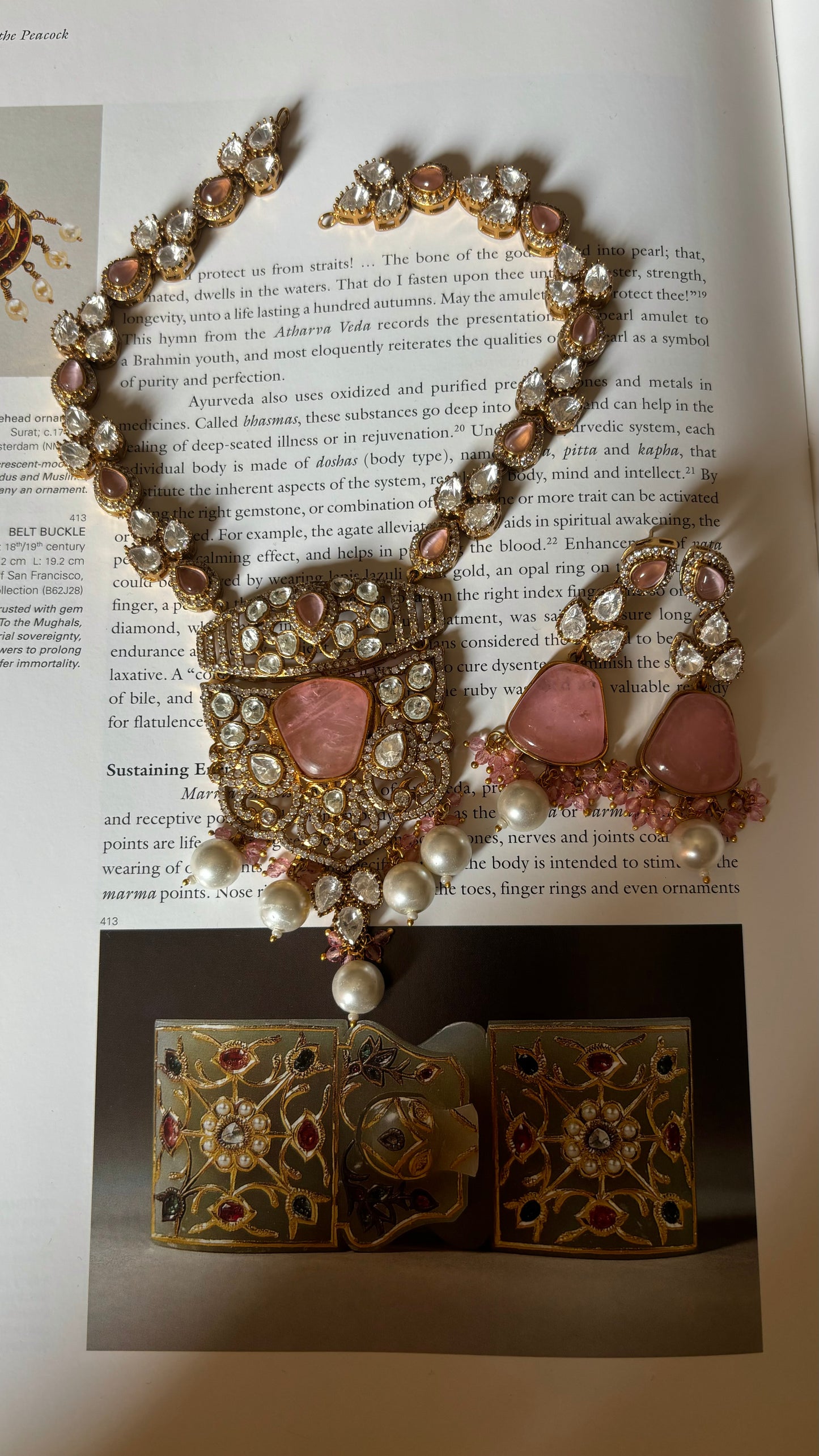 Neiza Rose quartz heritage moissanite collar necklace with earrings