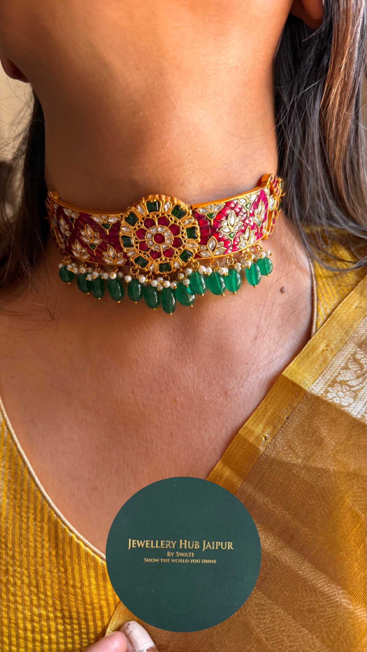 Handmade paachi Kundan jaadau Rani pink choker