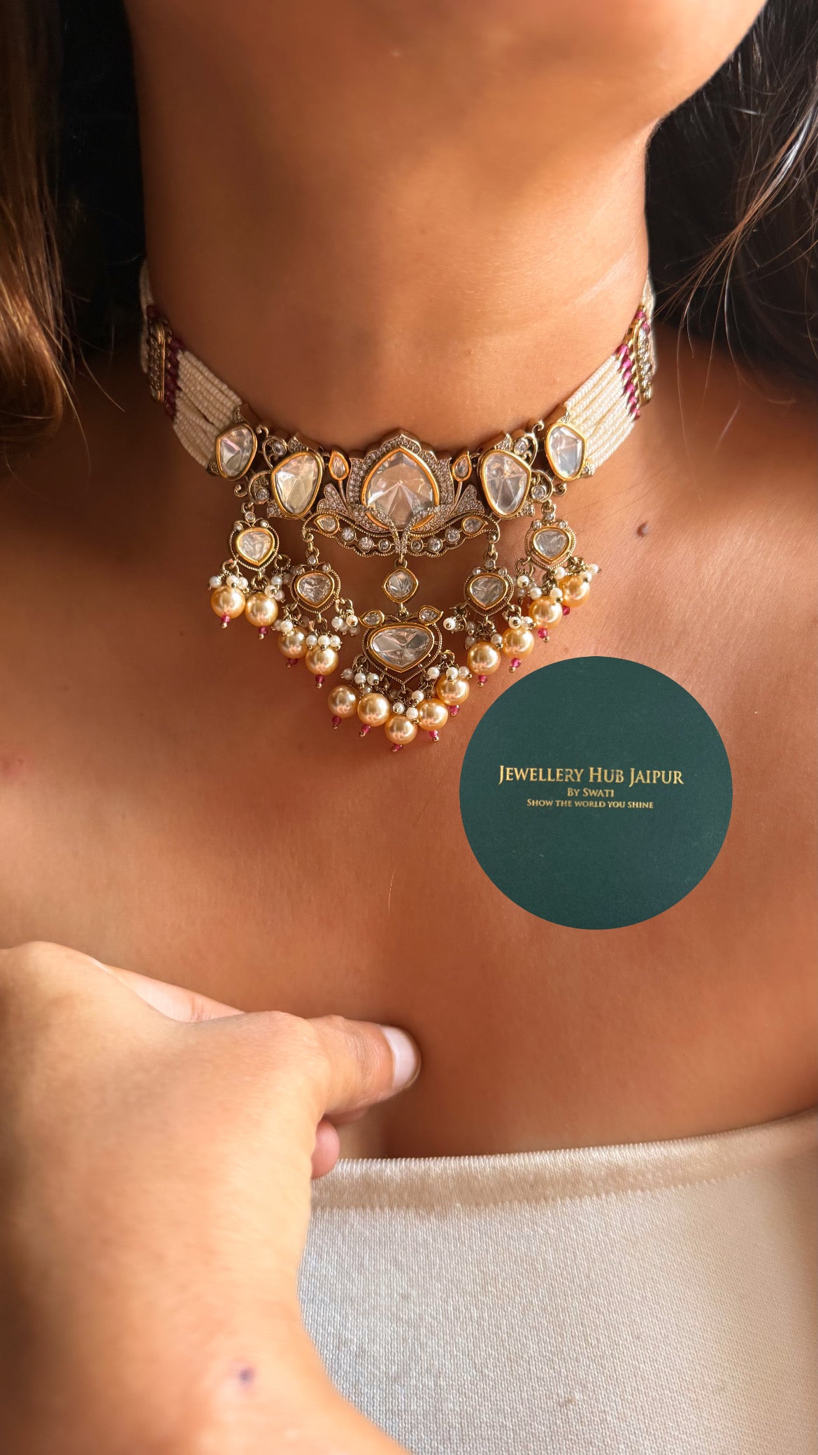 Moissanite polki & rani pink with pearl drop rajwada choker set