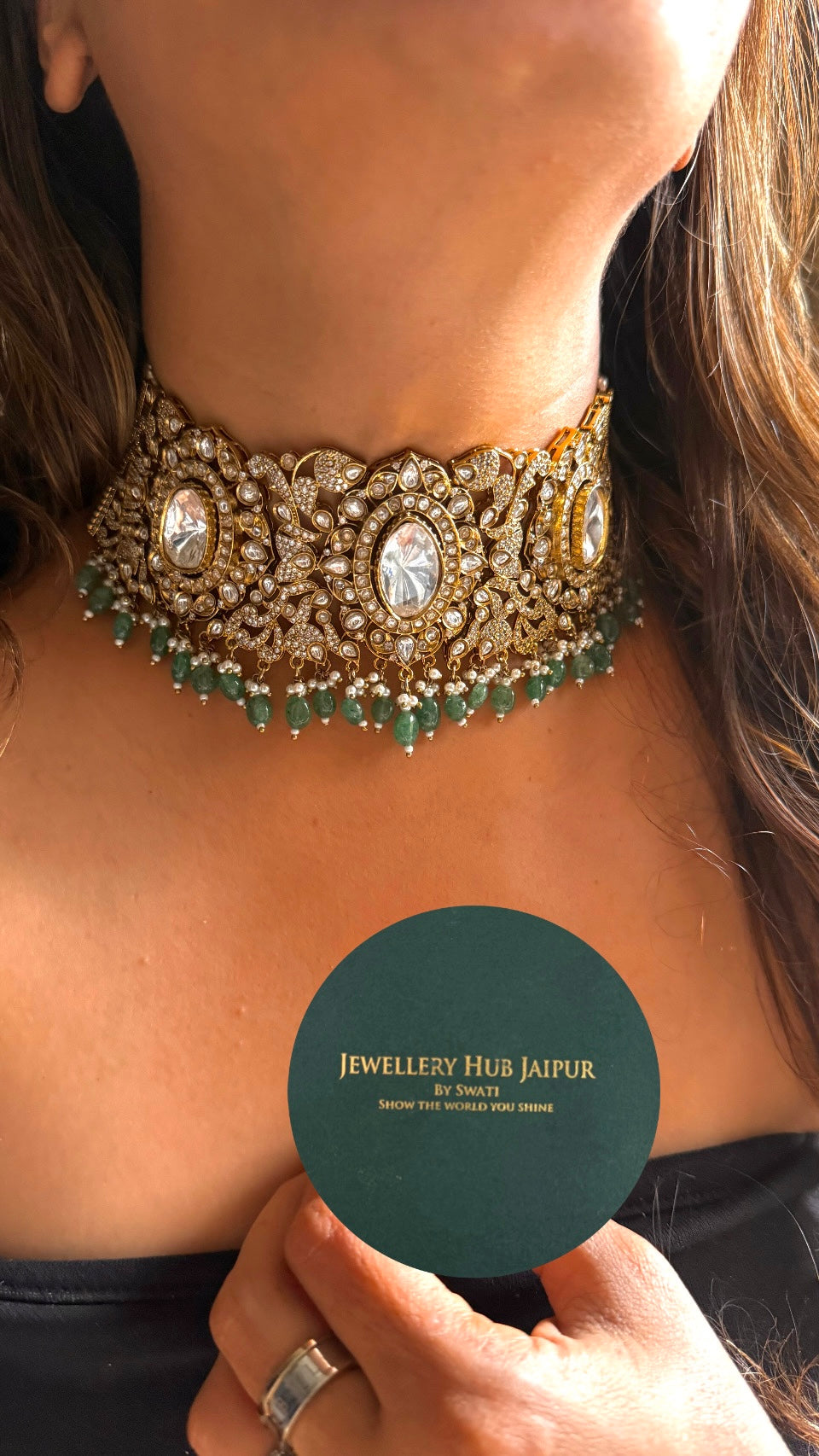 Uncut polki heritage designer necklace with mint drop detailing