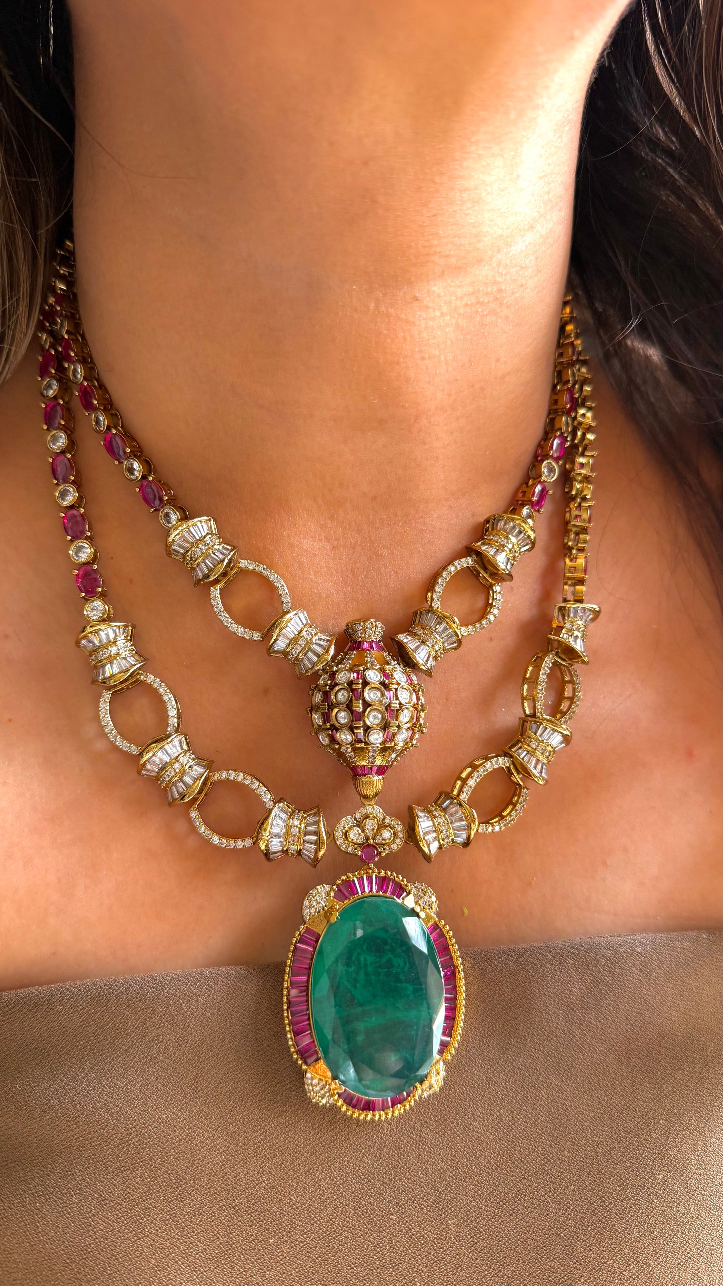 Emerald doublet & Rani Pink designer dual line Necklace