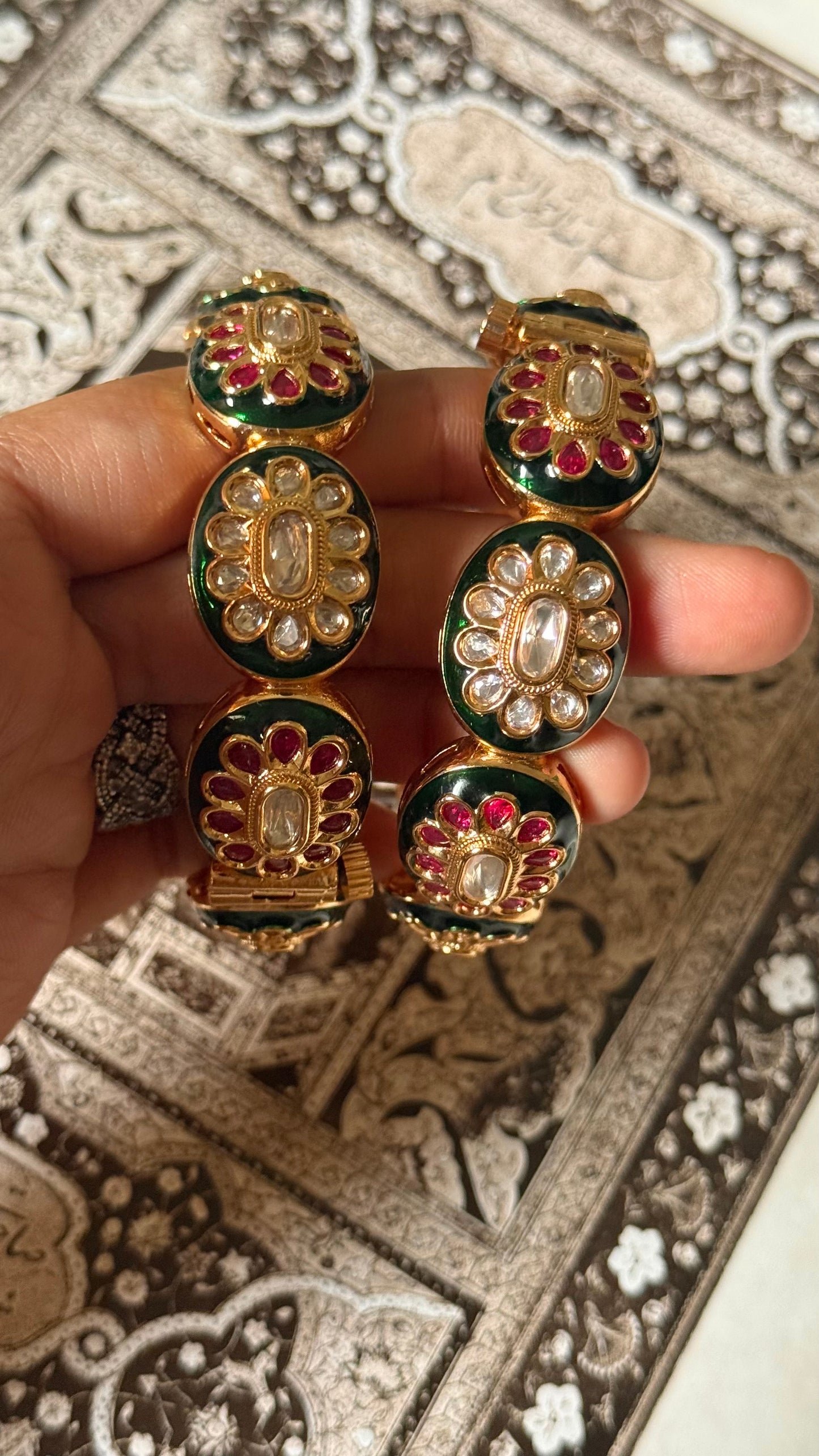 Emerald meenakari & Rani pink floral openable bangle