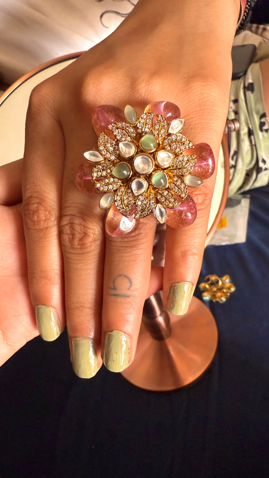 Floral mint green & rose quartz doublet adjustable ring
