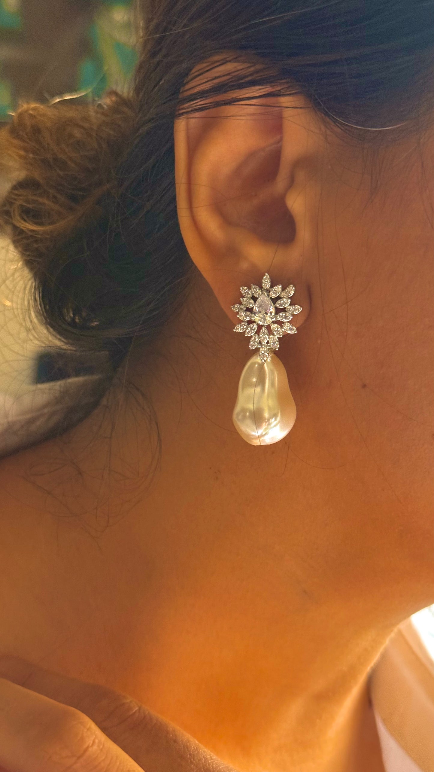 CZ diamond pearl dangler