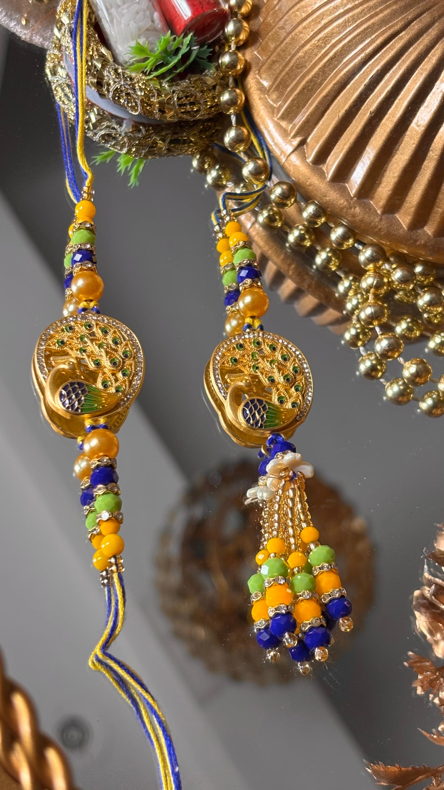 Peacock inspired bhaiya bhabi  couple lumba rakhi ( shipping will be extra )