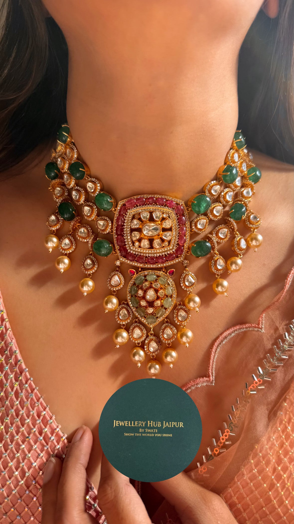 Real moissanite Ruby & Emerald designer polki necklace