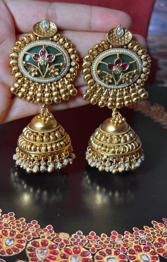 Mint inlay with rani pink floral golden jhumki earrings