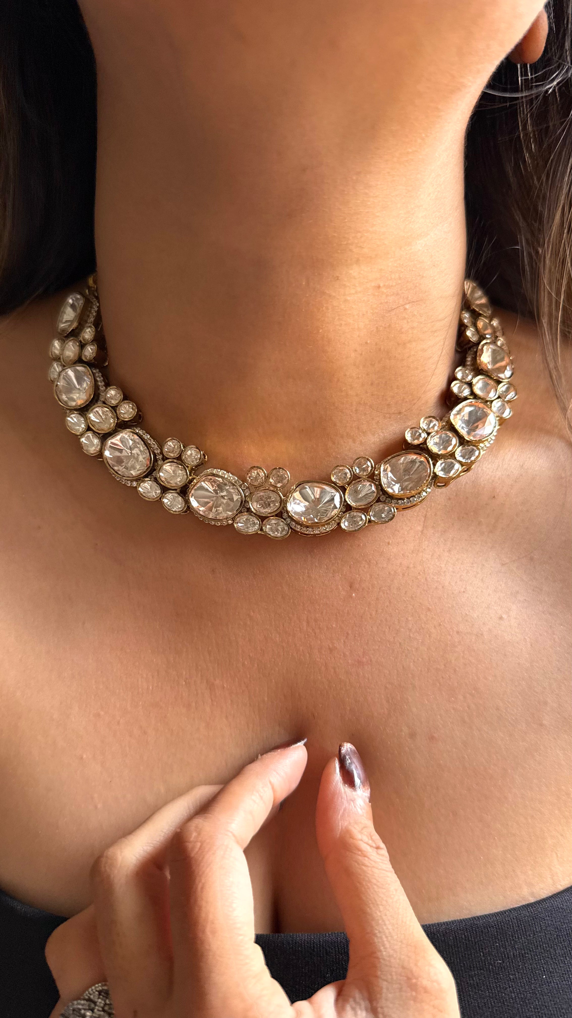 Moissanite uncut polki floral collar necklace