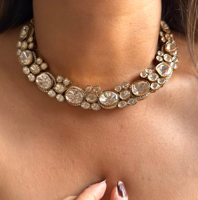 Moissanite uncut polki floral collar necklace