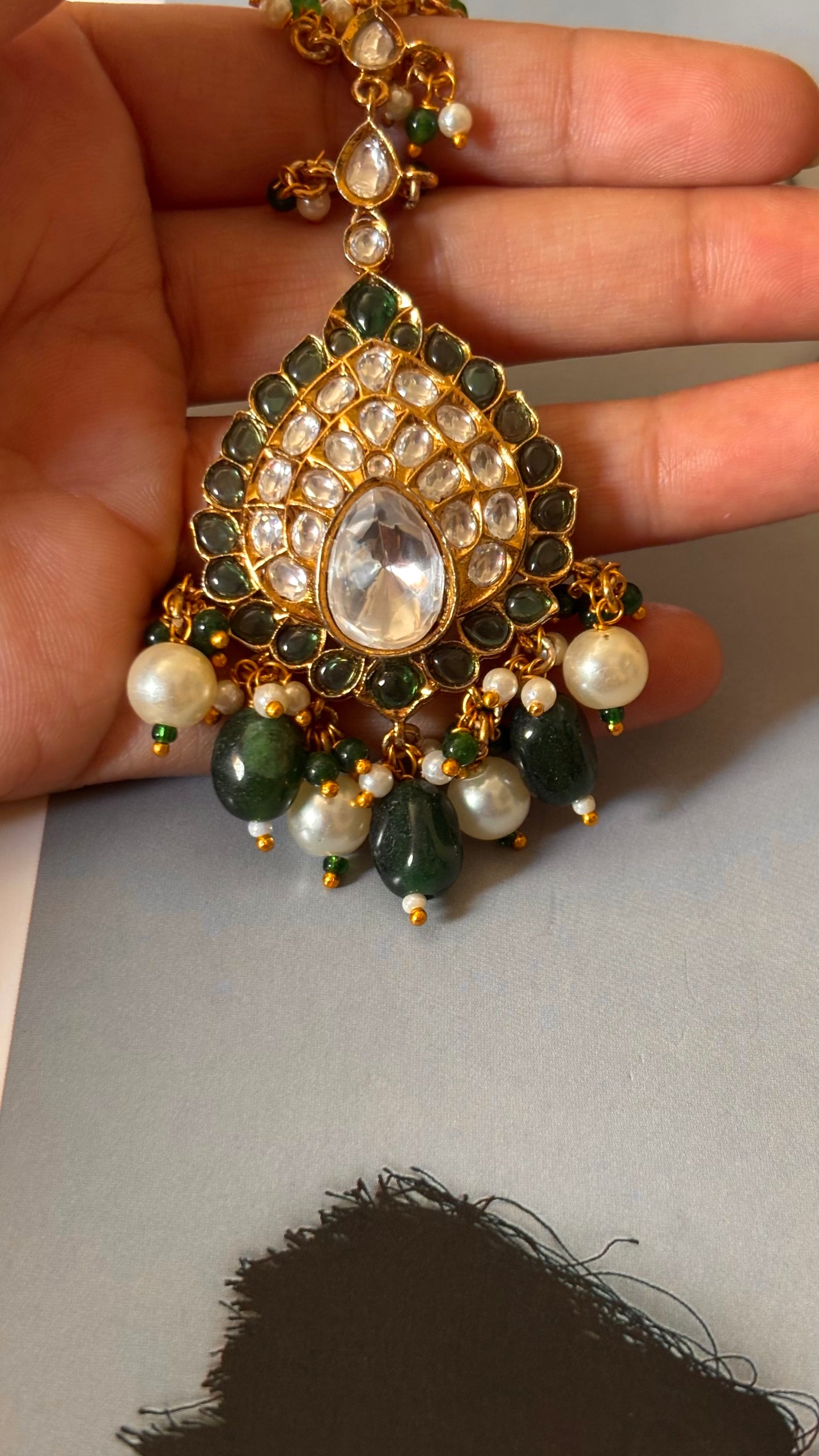 Moissanite Meenakari emerald maangtika