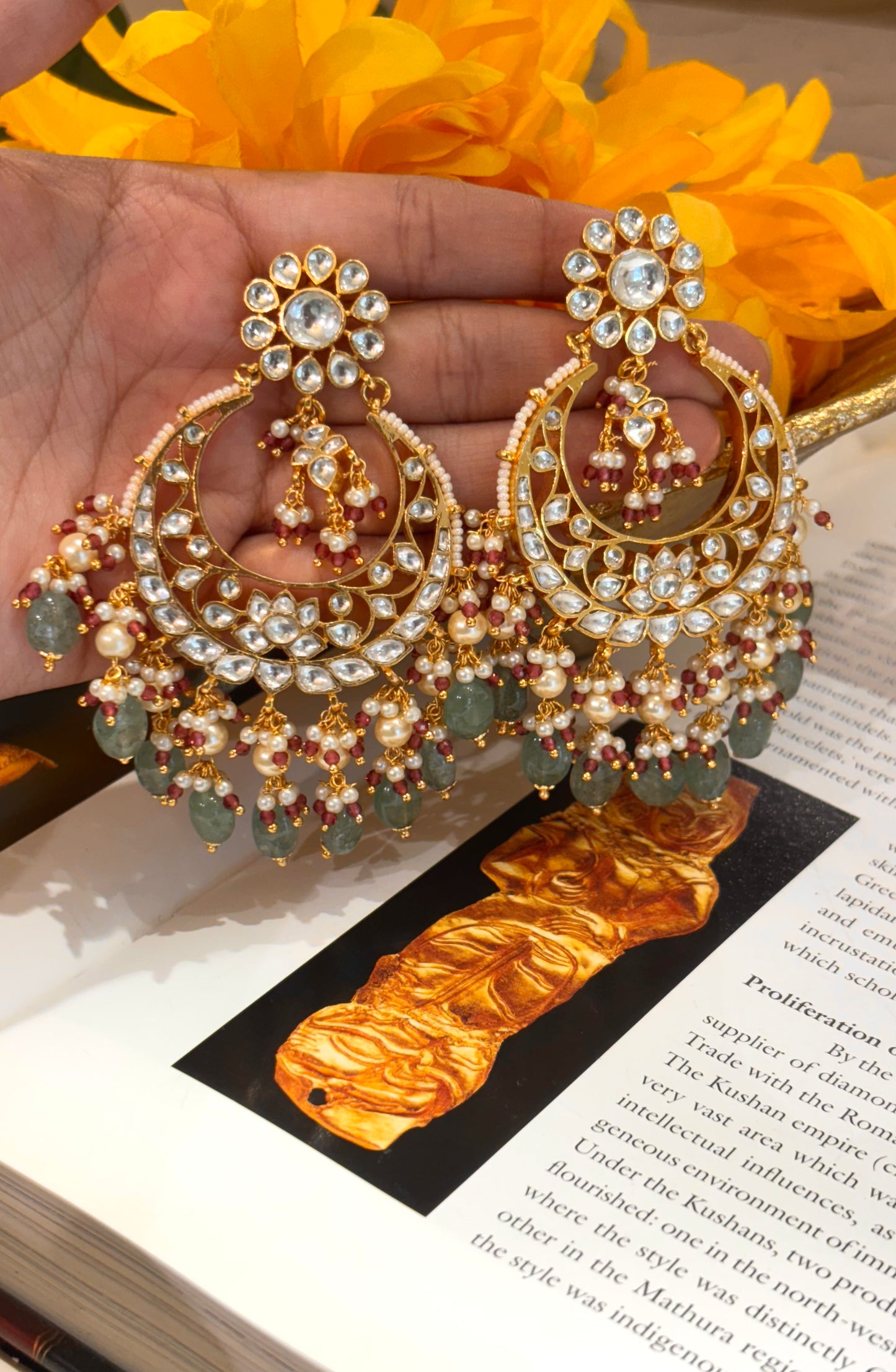 Ruby paachi chandbali with mint strawberry drops earrings
