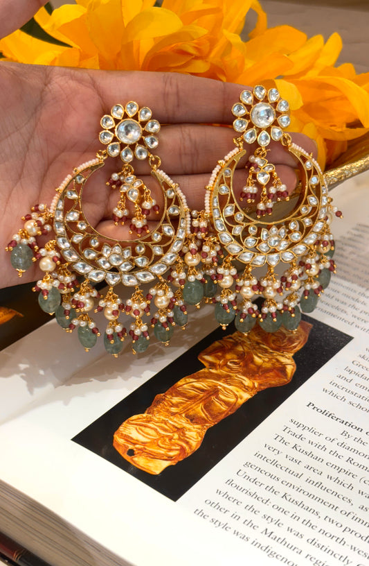 Ruby paachi chandbali with mint strawberry drops earrings