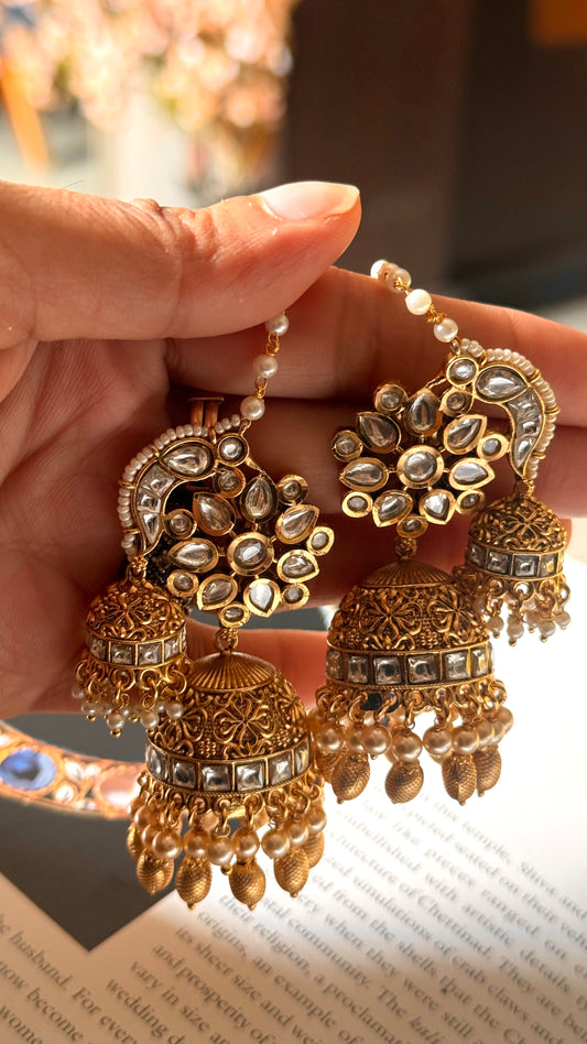 Pearl victorian rajwada jhumki with ear chain