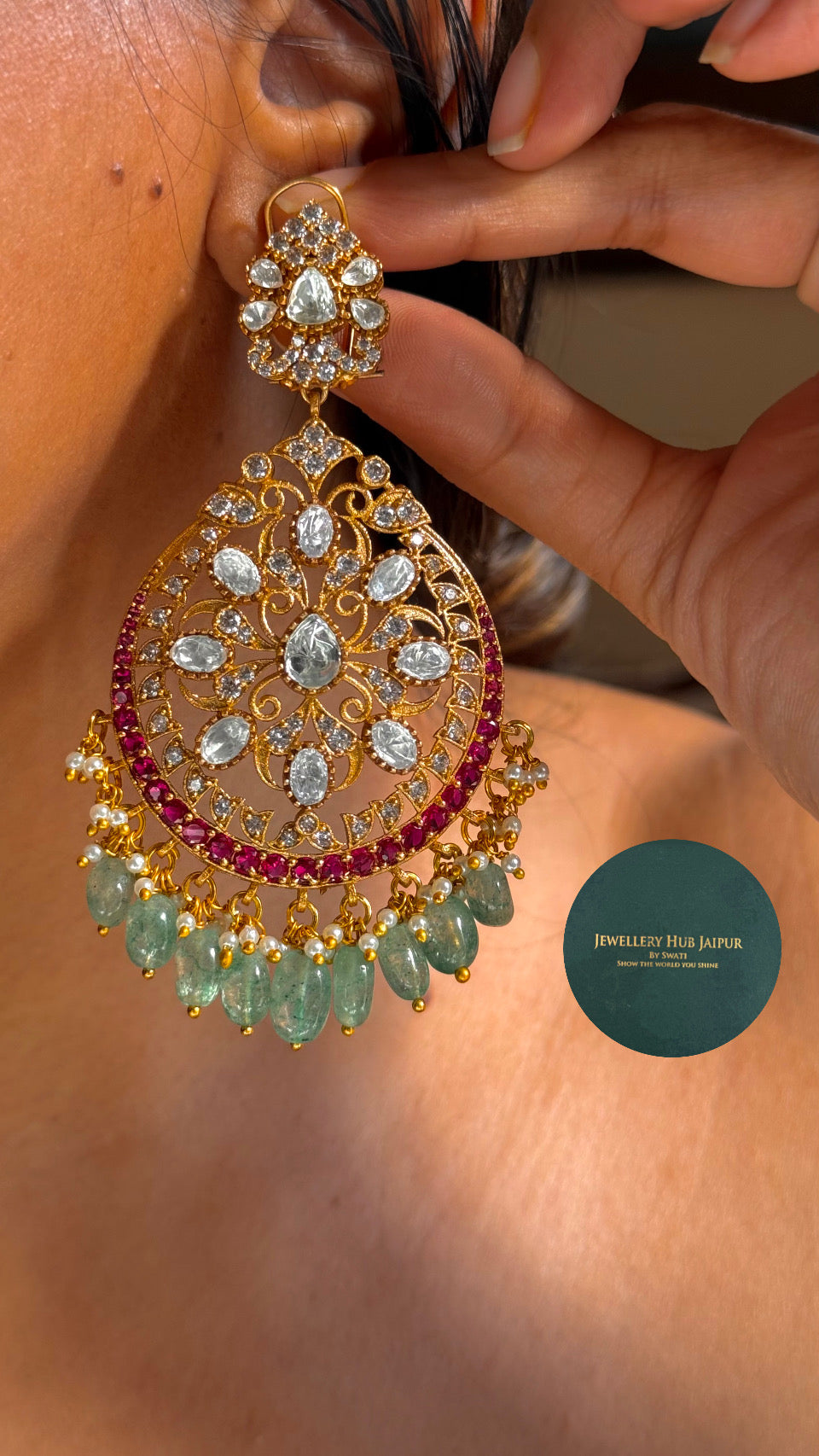 Mint & ruby long Chandbali
