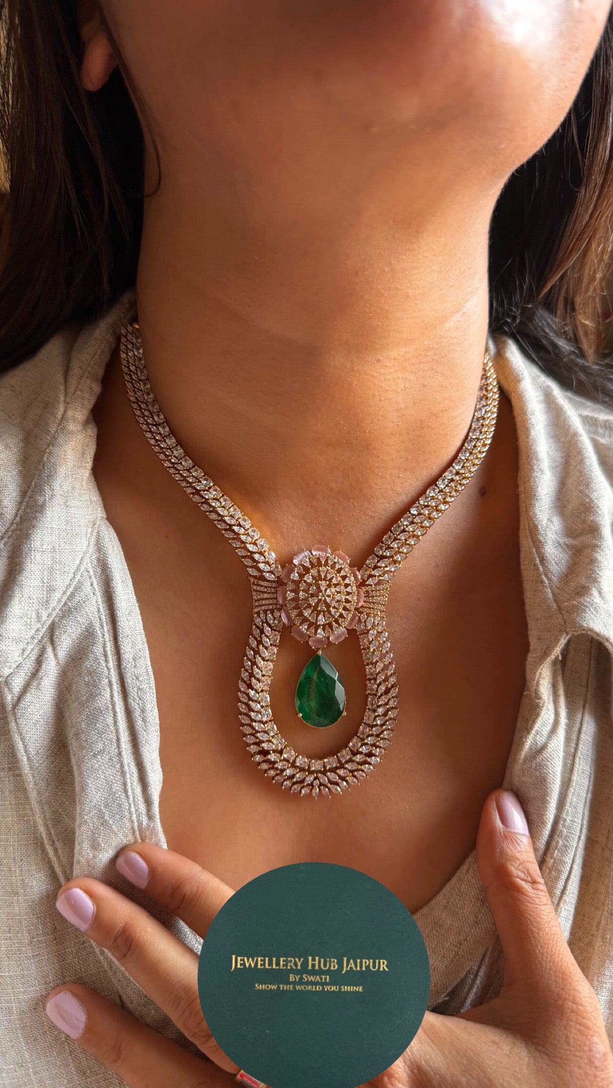 Emerald & rose quartz doublets with cz diamond desginer necklace