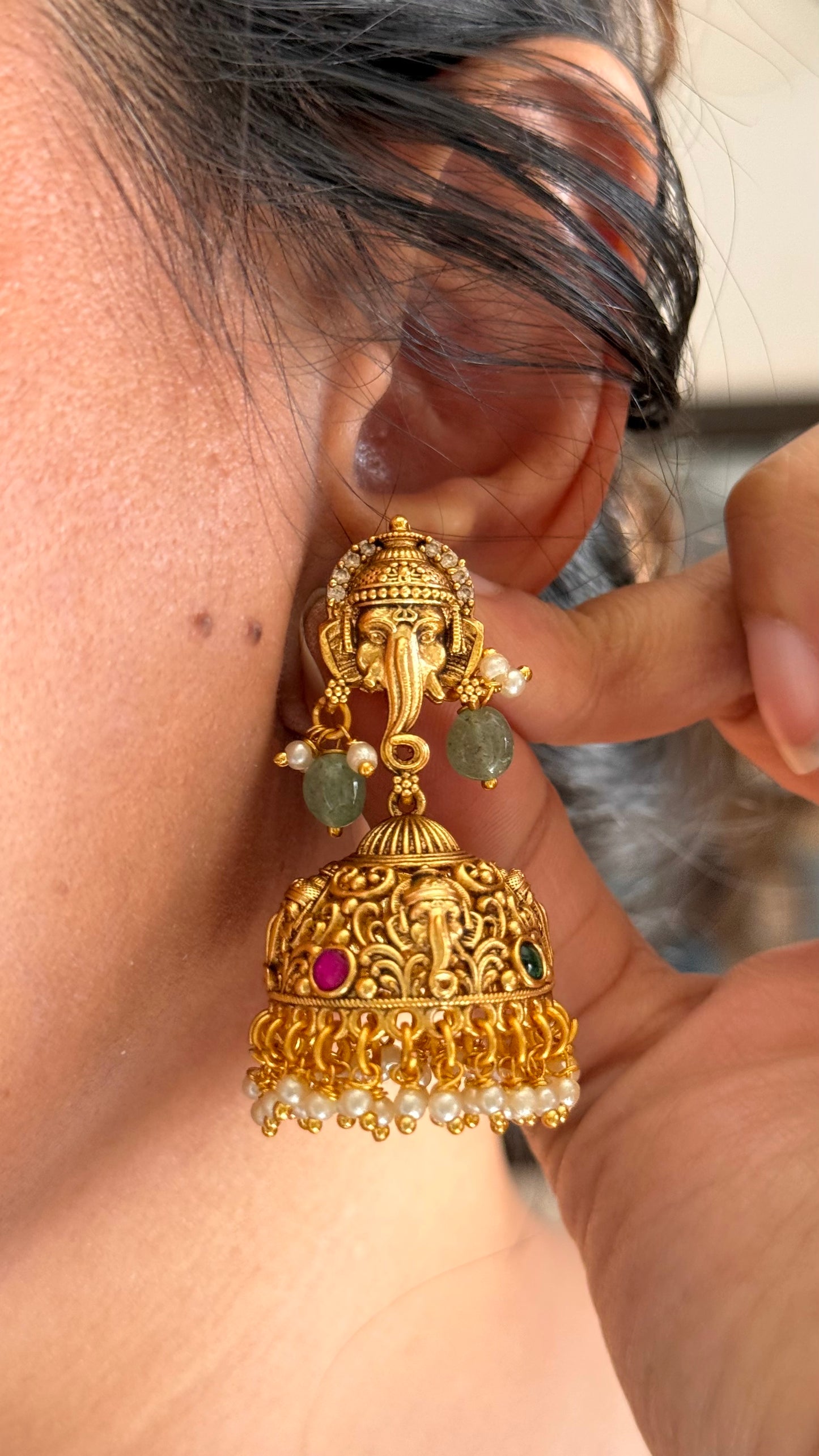 Ganeshji inspired emerald with mint drop Pendant set