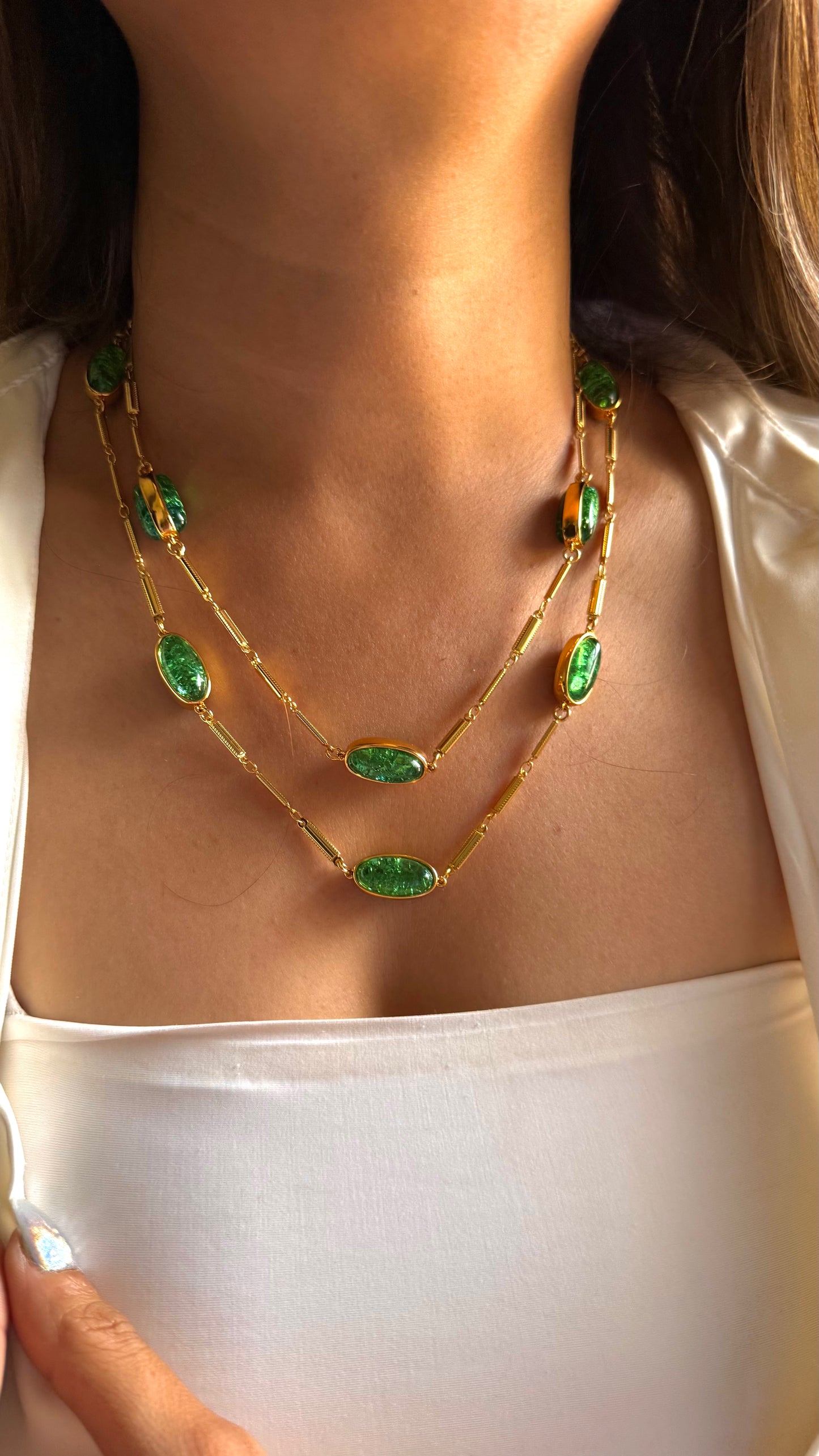 Emerald doublet dual layer necklace