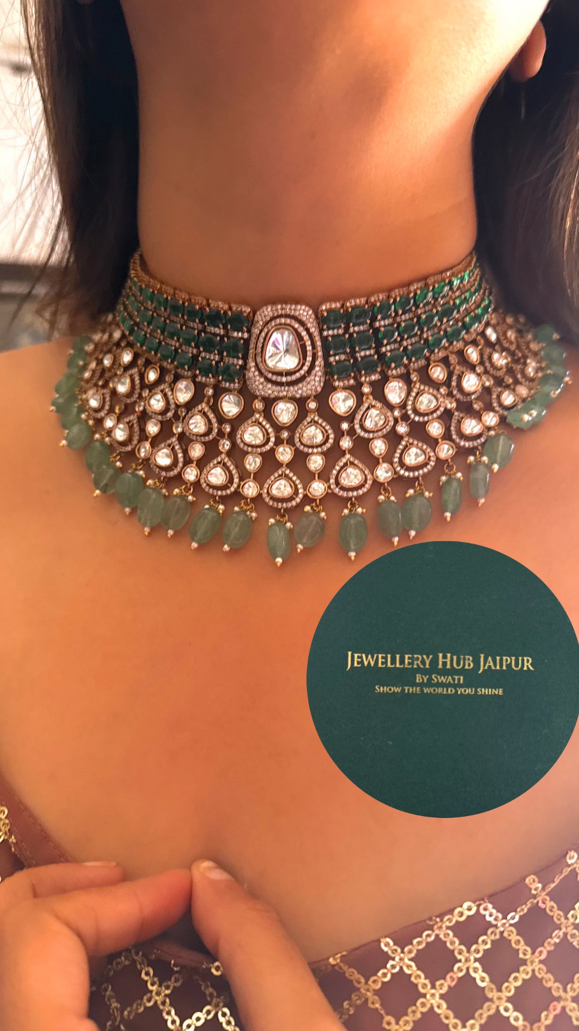 Anshika Emerald moissanite polki & mint drops choker