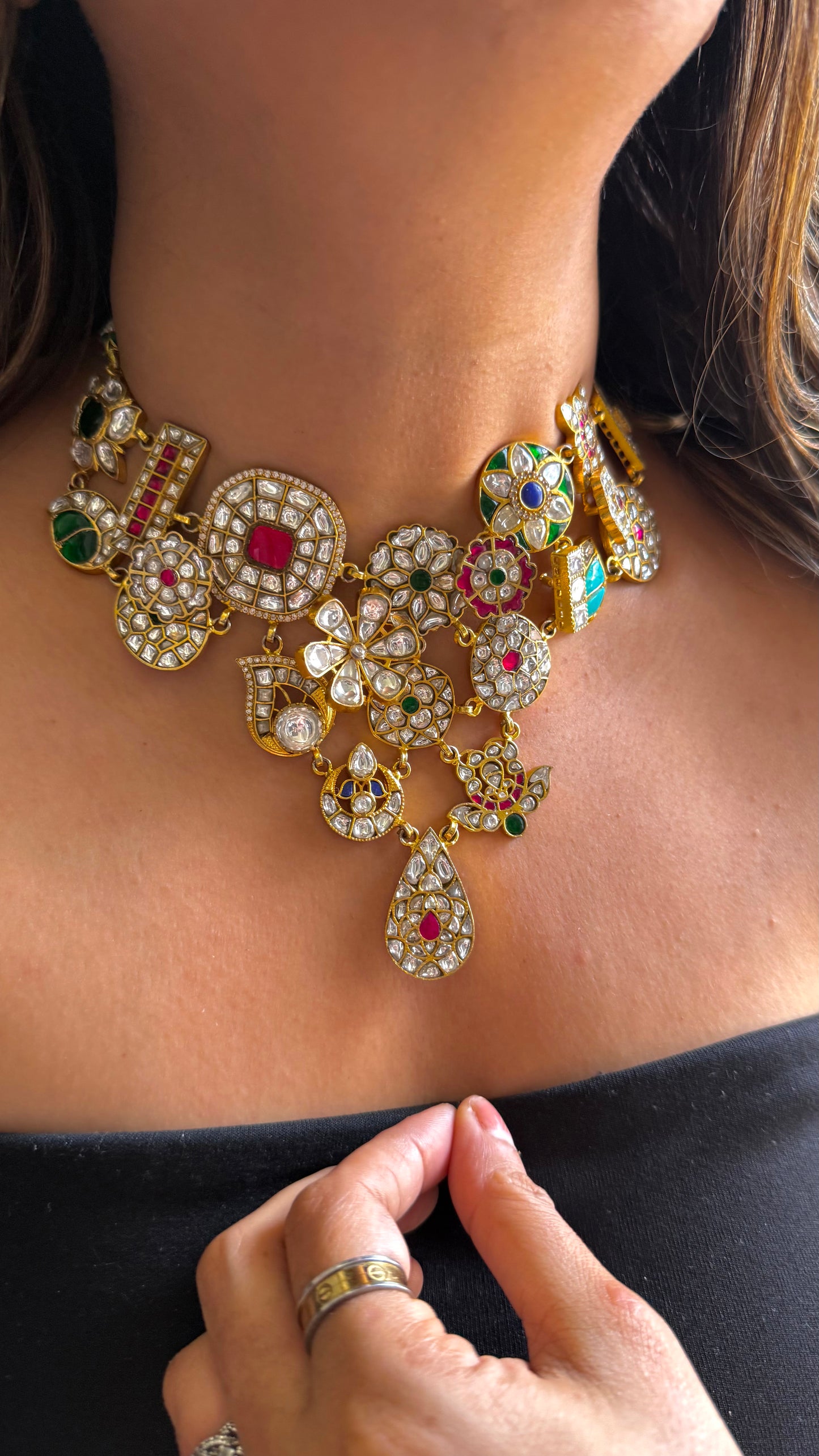 Handmade Paachi kundan Multiple Motif Necklace