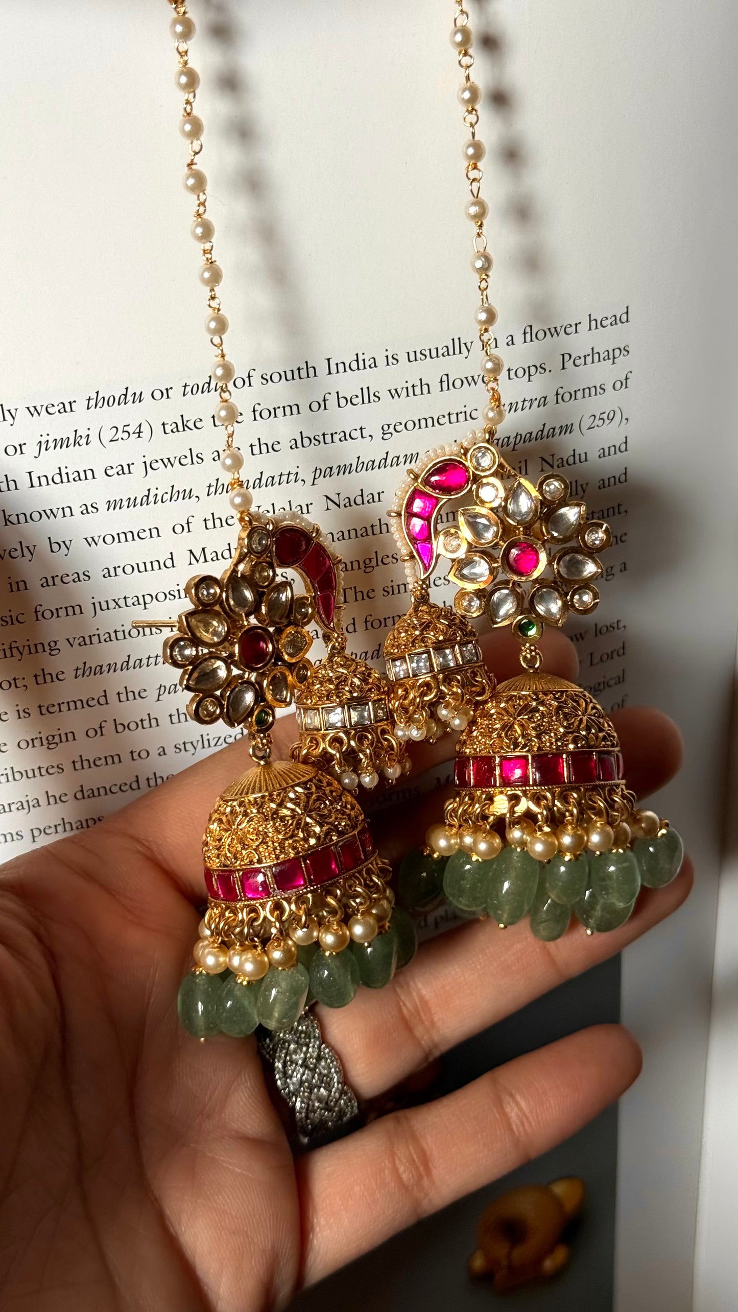 Ruby & mint rajwada jhumki with ear chain