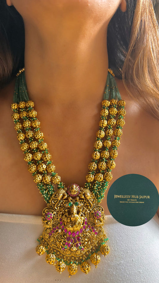 Goddess laxmi emerald & golden & mint string temple long set