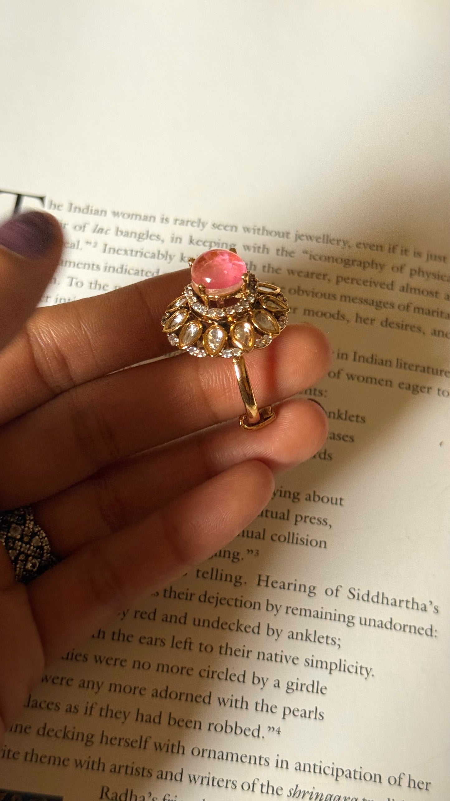 Rose quartz doublet moissanite floral adjustable ring