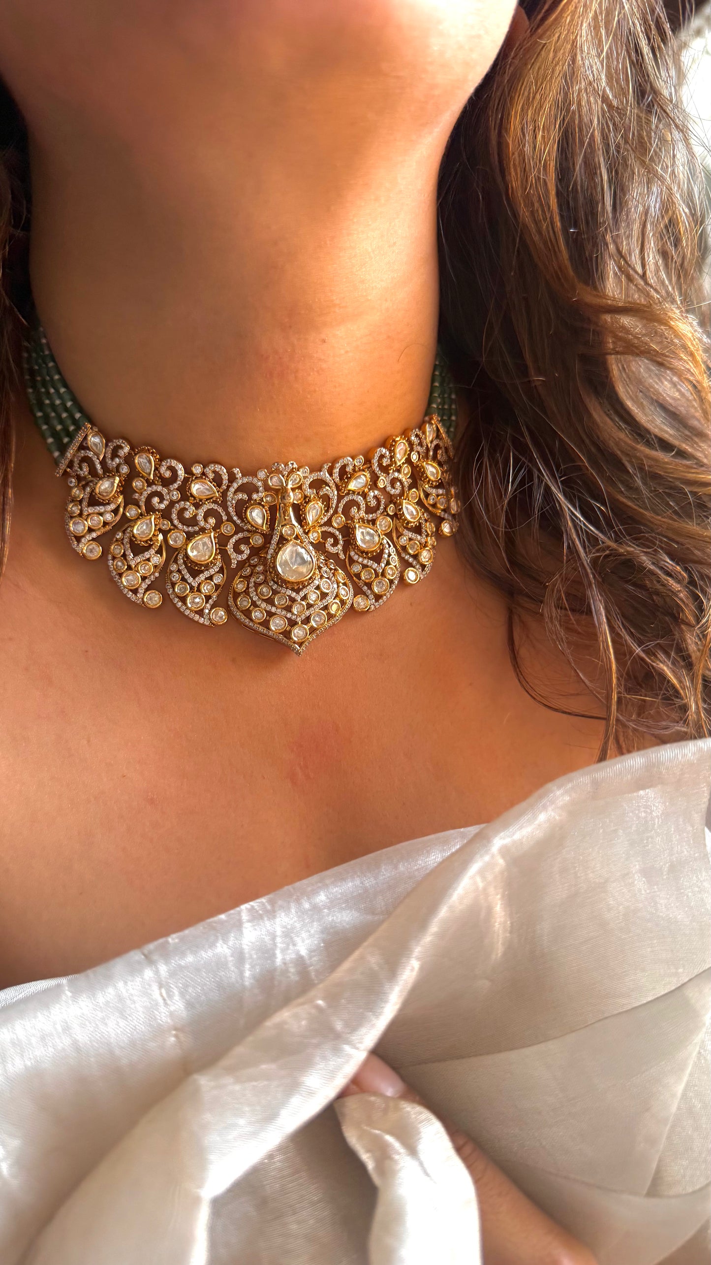 LV shade Polki designer choker with emerald string detailing