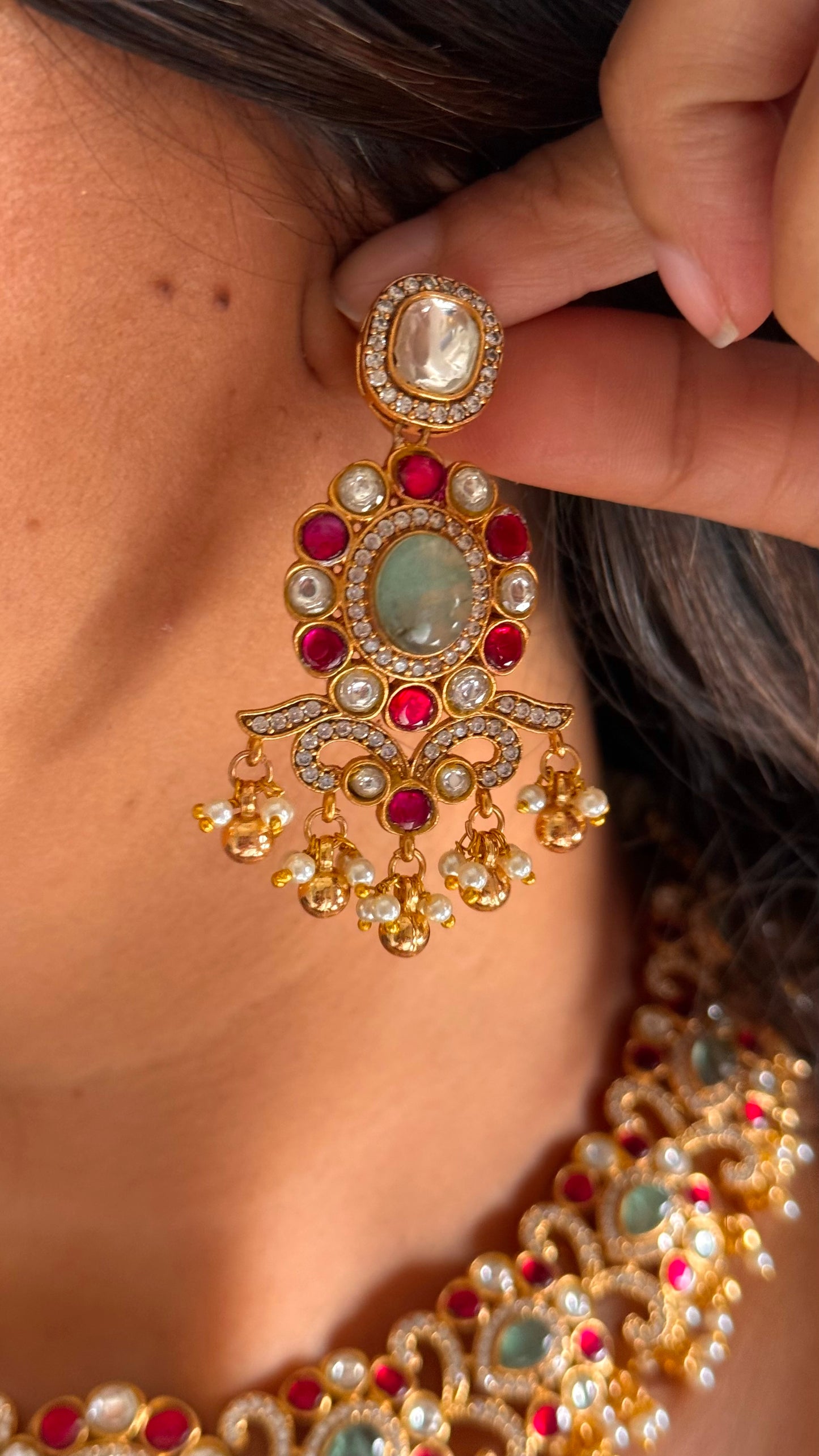 Amrapali inspired mint & rani pink designer collar necklace