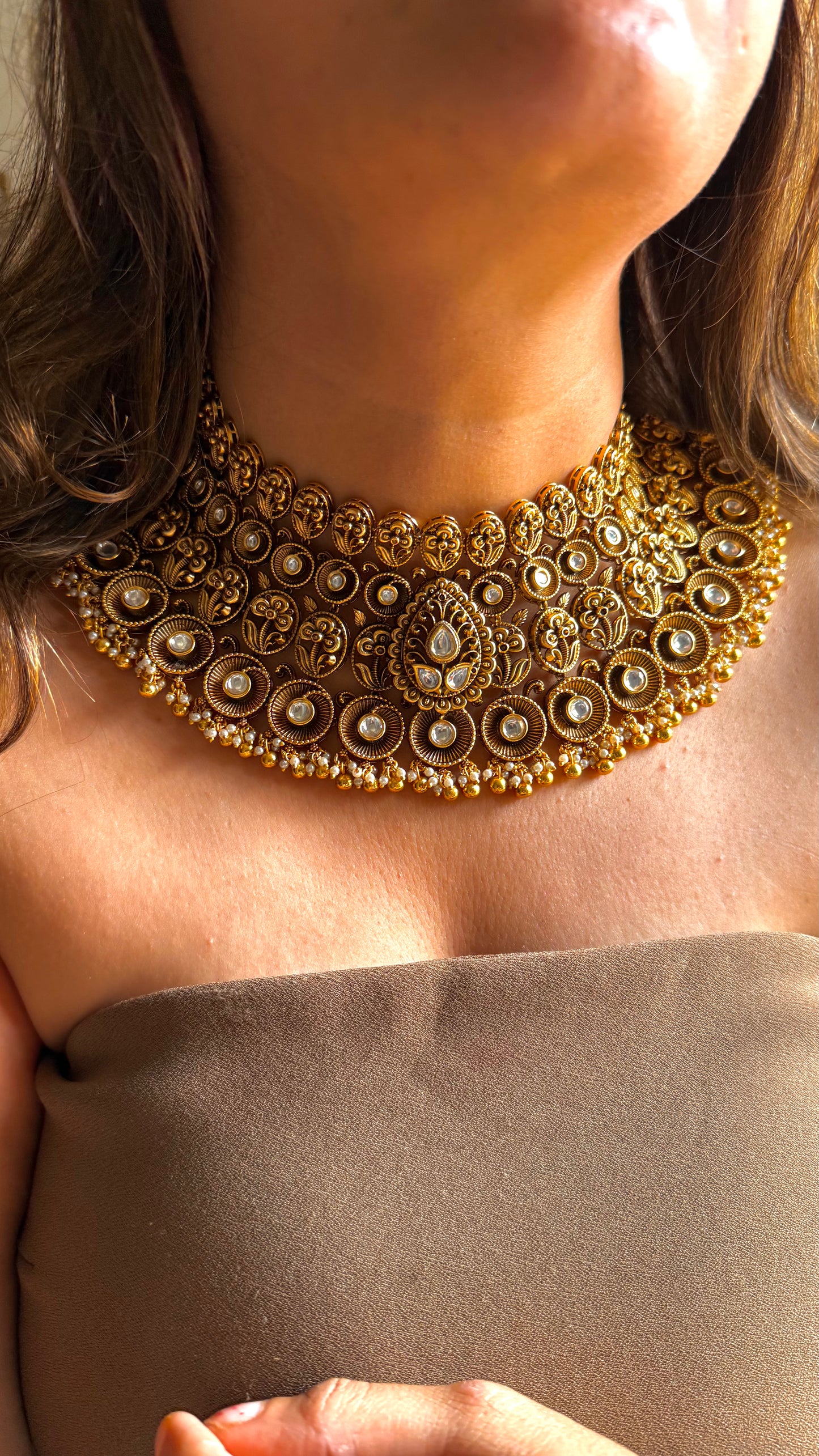 Floral Nakshi oxidised gold polki Choker