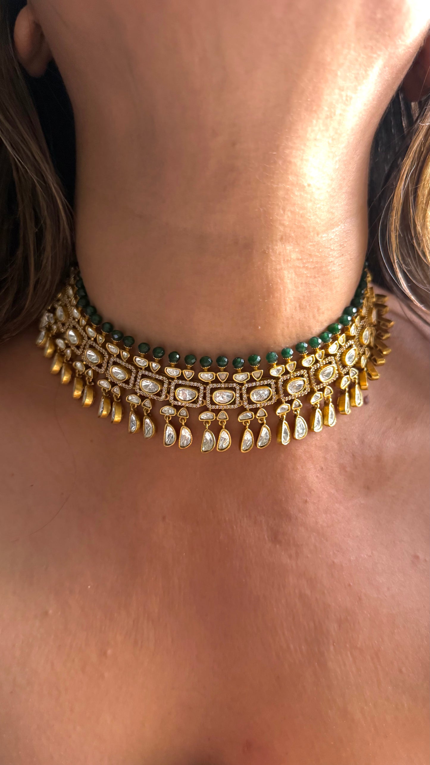 Emerald polki choker necklace