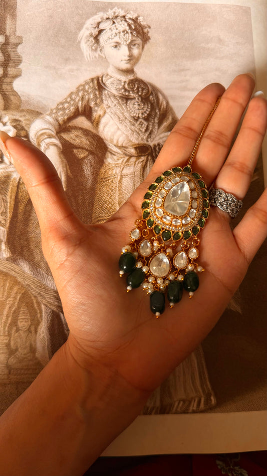 Emerald moissanite polki maangtika