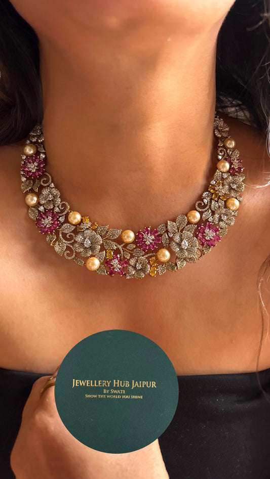 Cz floral topaz designer necklace with pearl detailing