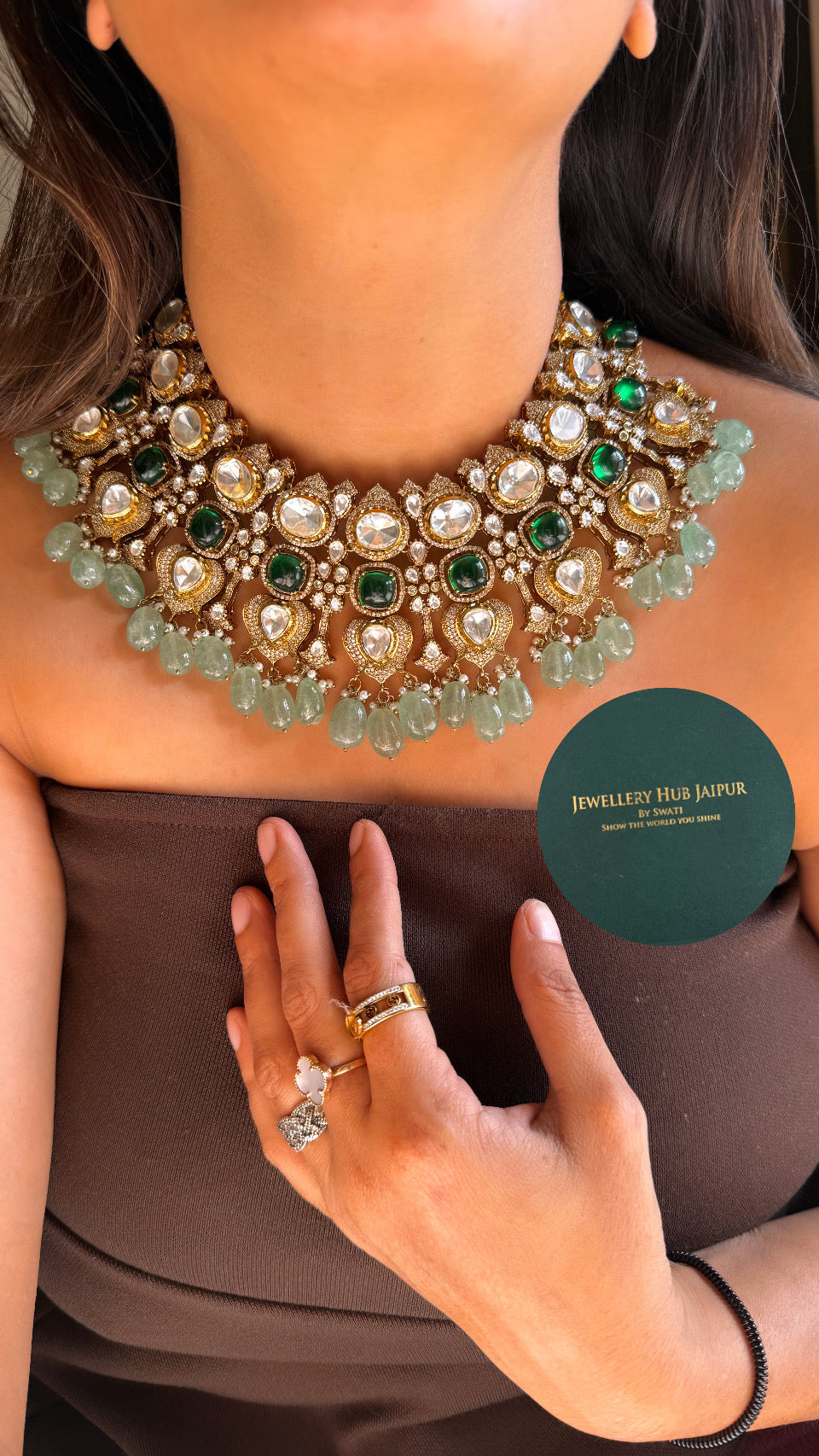 Emerald uncut polki Victorian necklace with strawberry drop