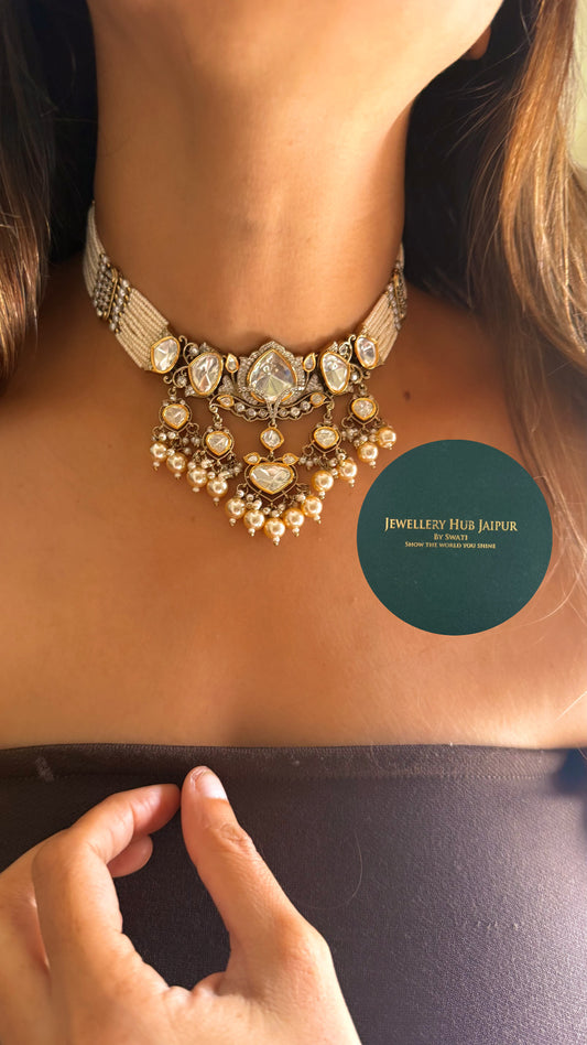 Moissanite polki with pearl drops rajwada choker set