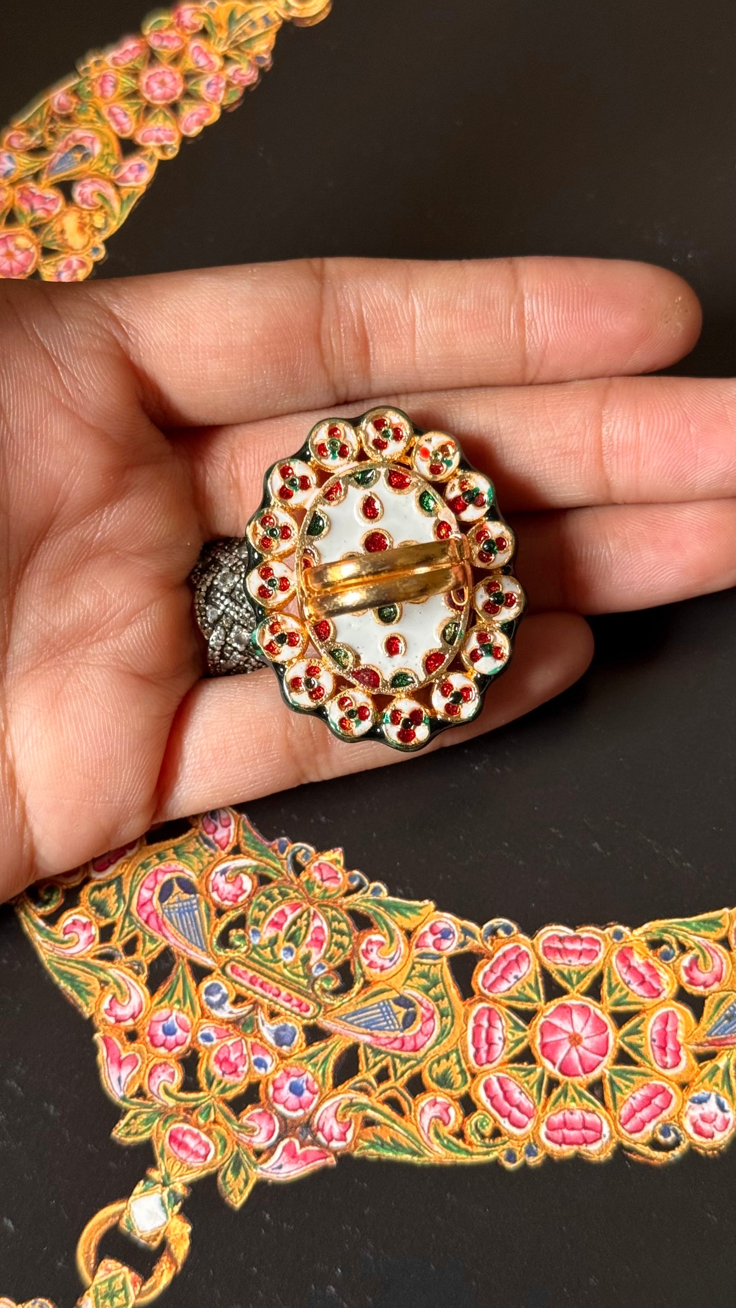 Ruby & meenakari paachi adjustable ring