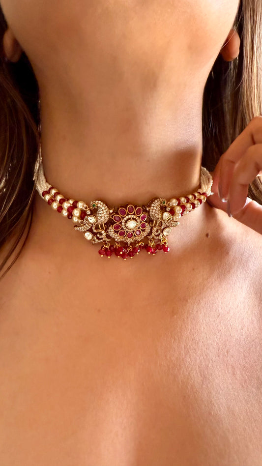 Morvya Ruby peacock thread choker