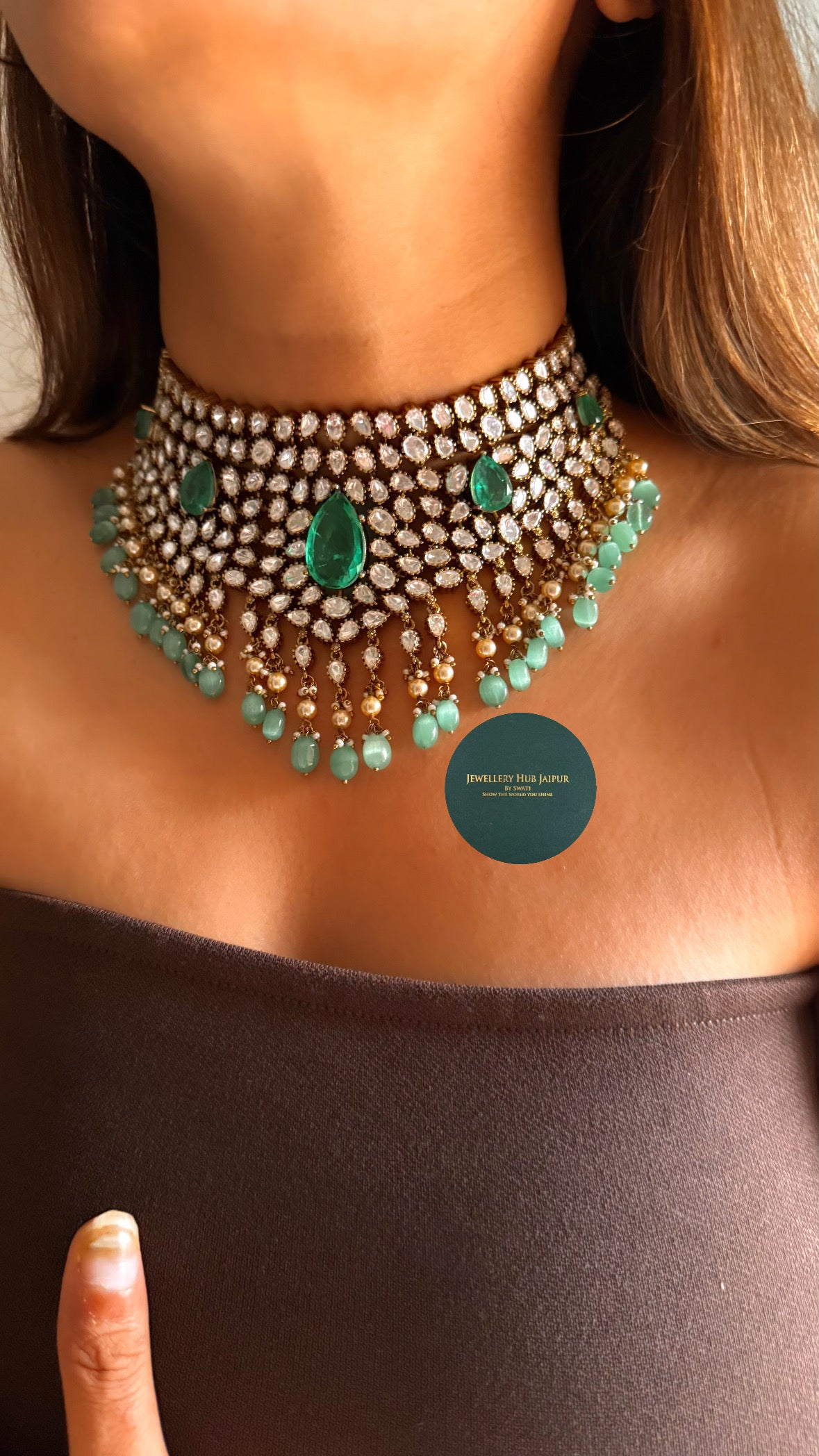 Emerald doublet moissanite polki Victorian choker set
