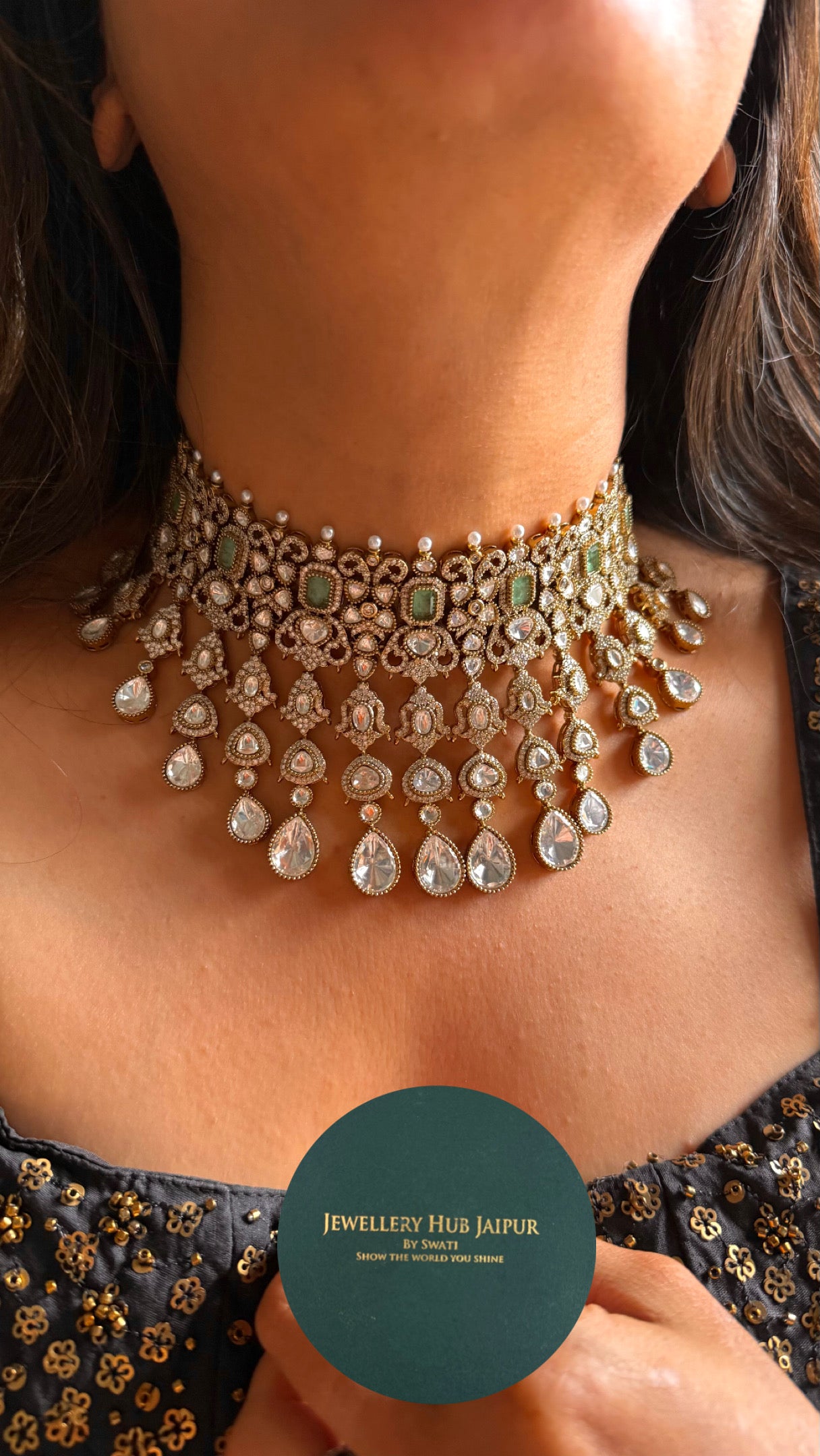 Mint polki rain drop Victorian choker Necklace