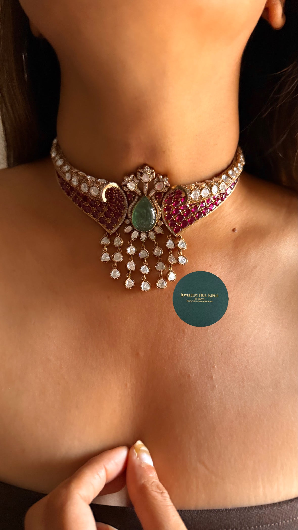 Mint doublet & rani pink moissanite polki designer choker set