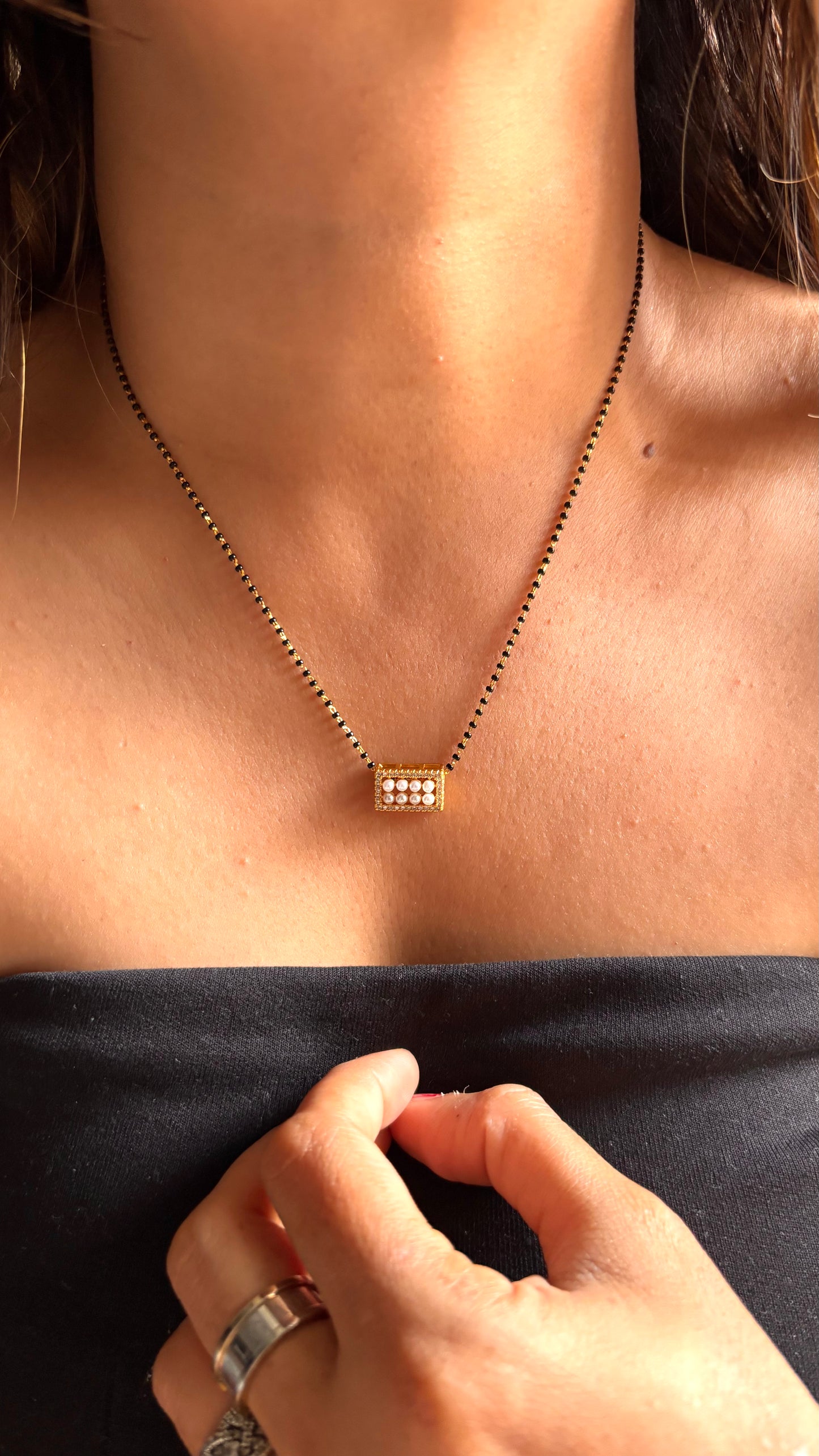 Mangalsutra with Rectangular Pendant & White Pearl Detailing