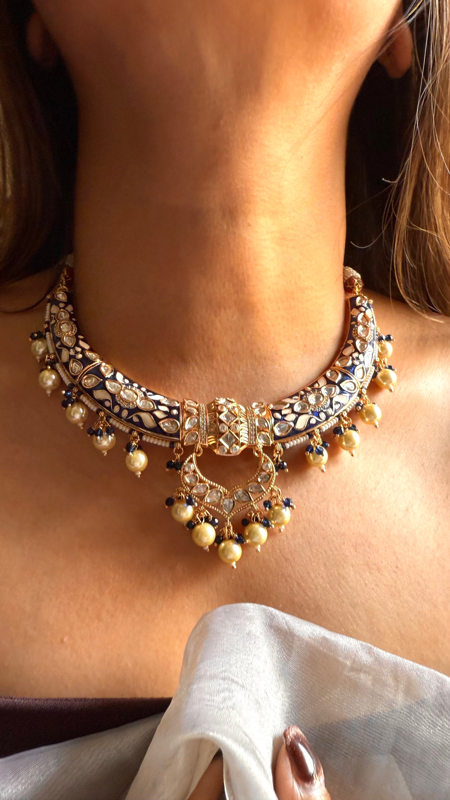 Sapphire meenakari moissanite with pearl drop